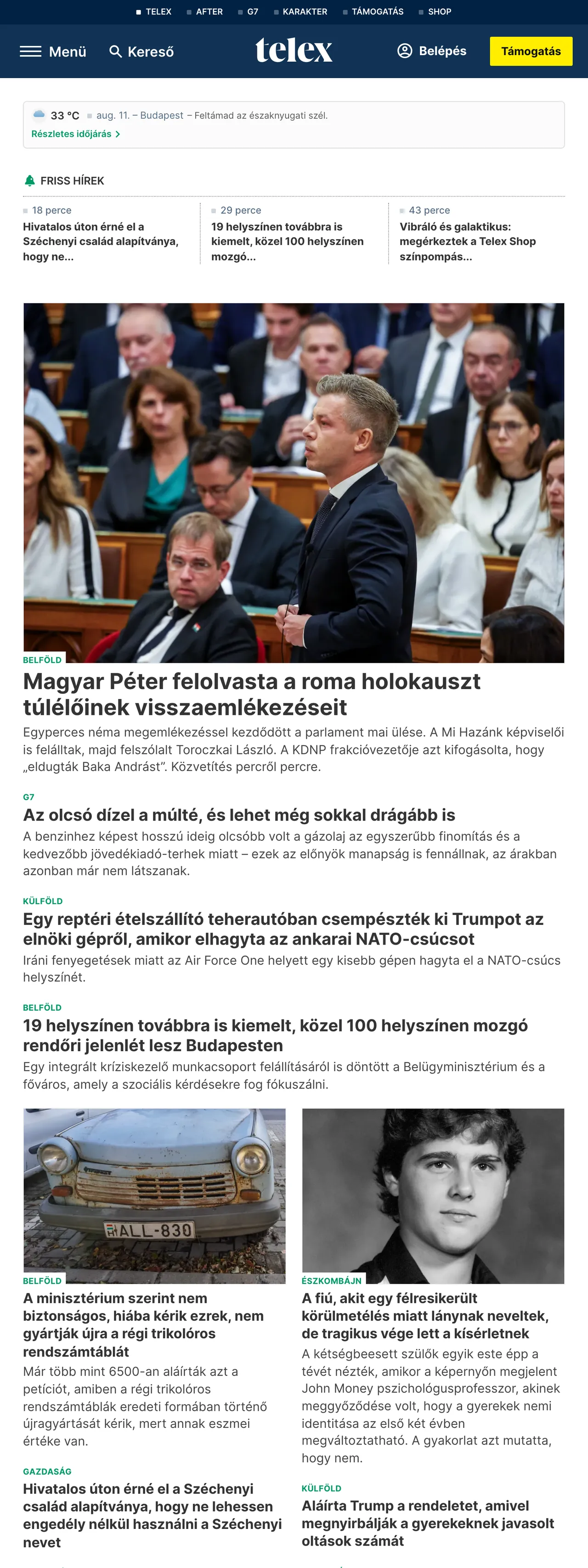 Screenshot of the Telex front page
