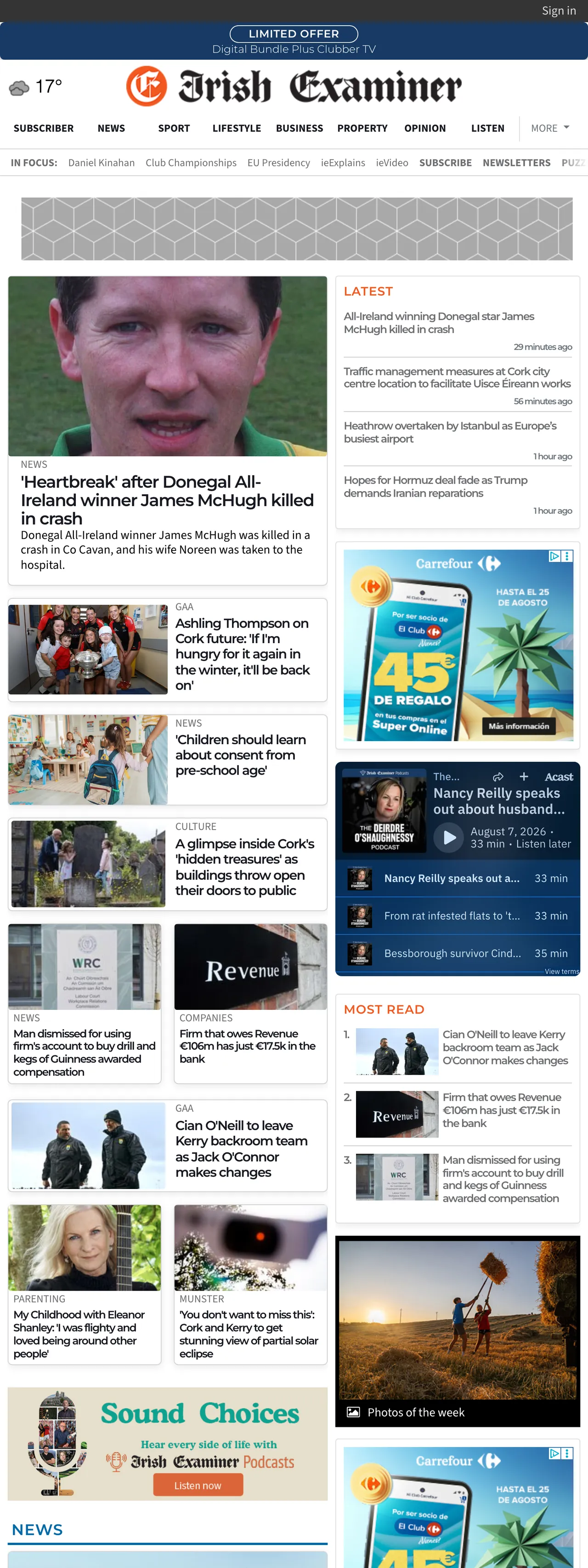 Screenshot of the Irish Examiner front page