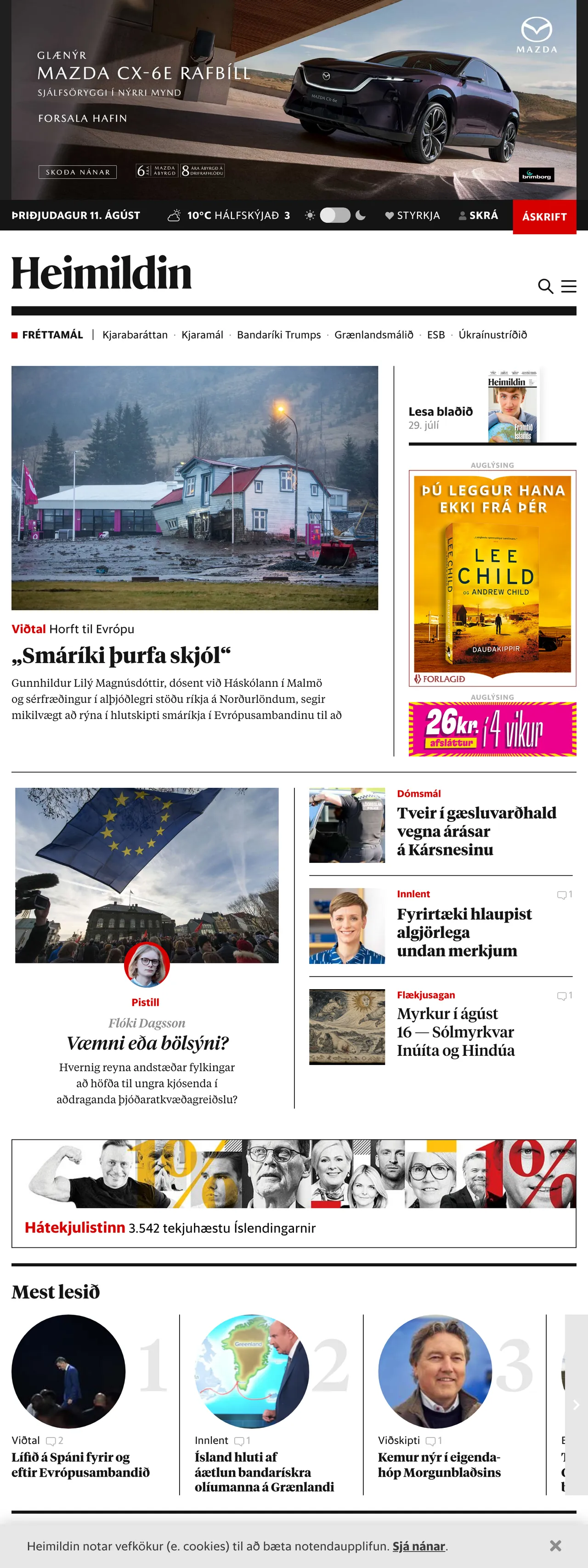 Screenshot of the Heimildin front page