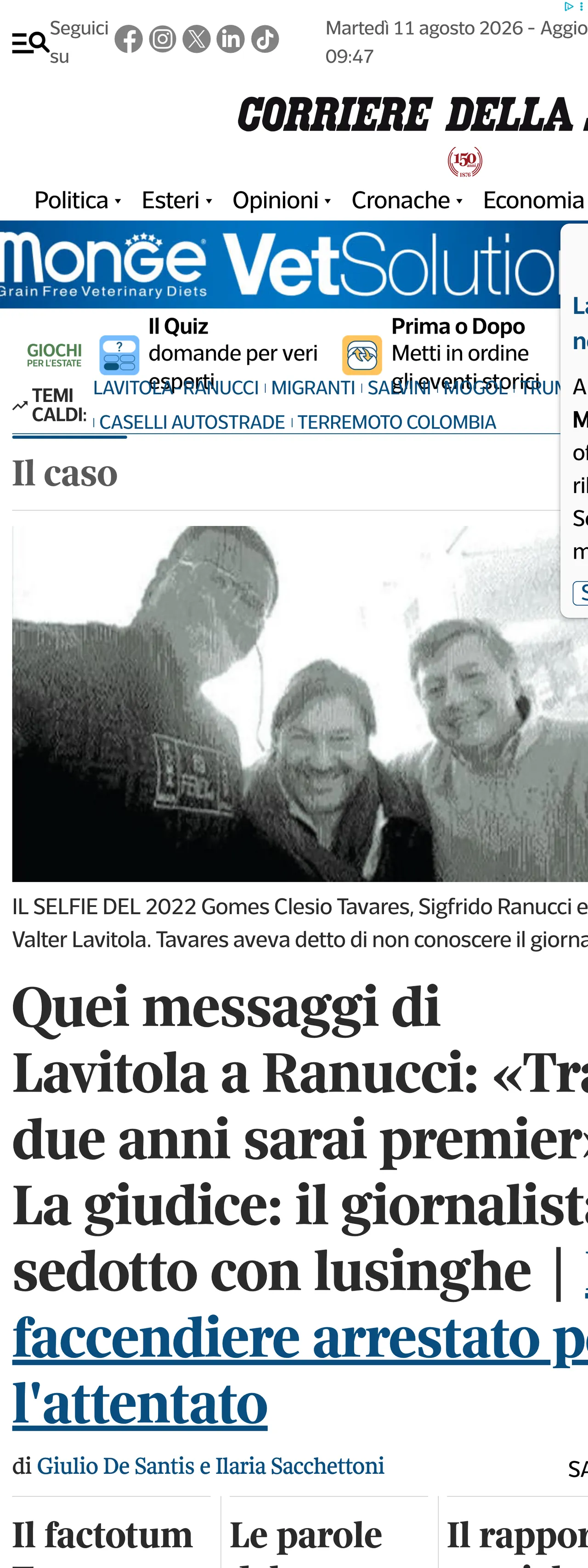 Screenshot of the Corriere della Sera front page