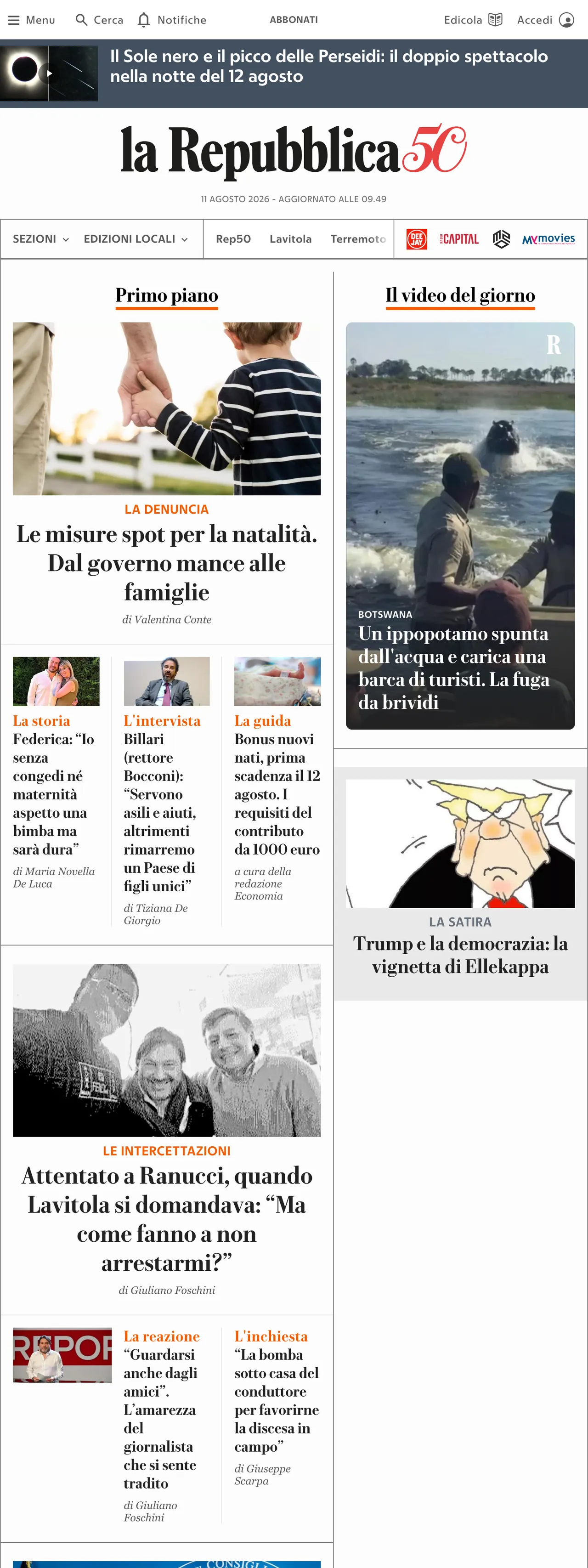 Screenshot of the la Repubblica front page