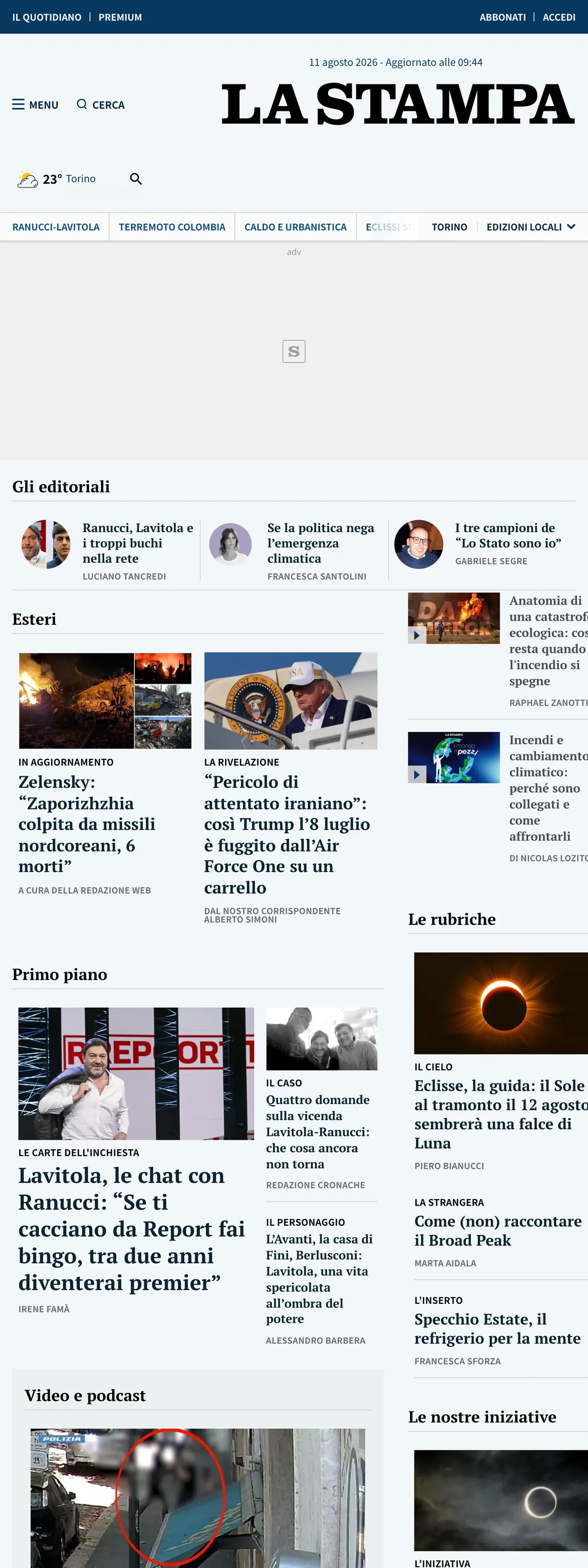 Screenshot of the La Stampa front page