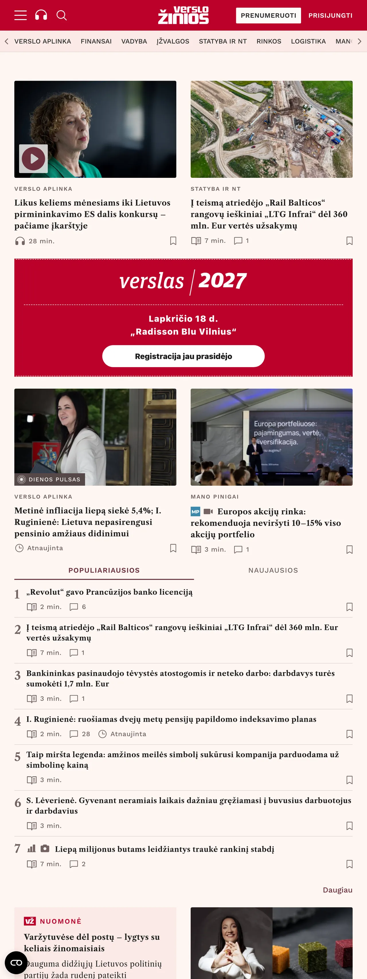 Screenshot of the Verslo žinios front page