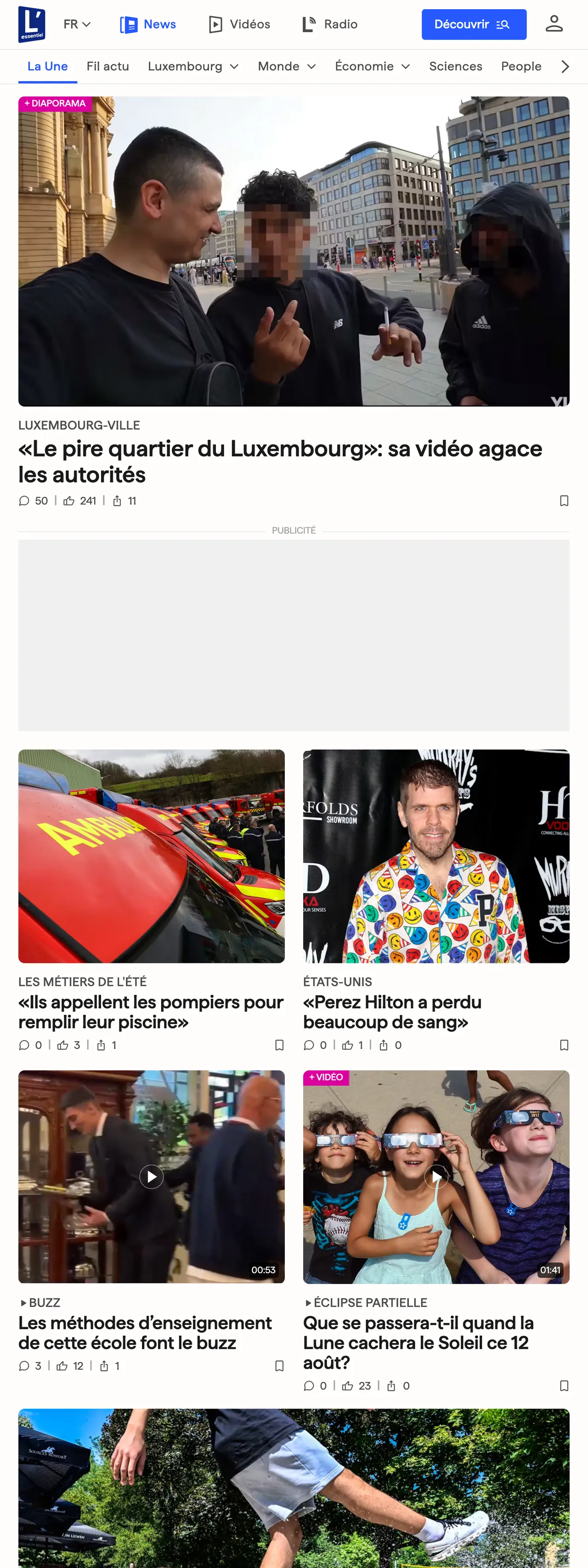 Screenshot of the L'essentiel front page