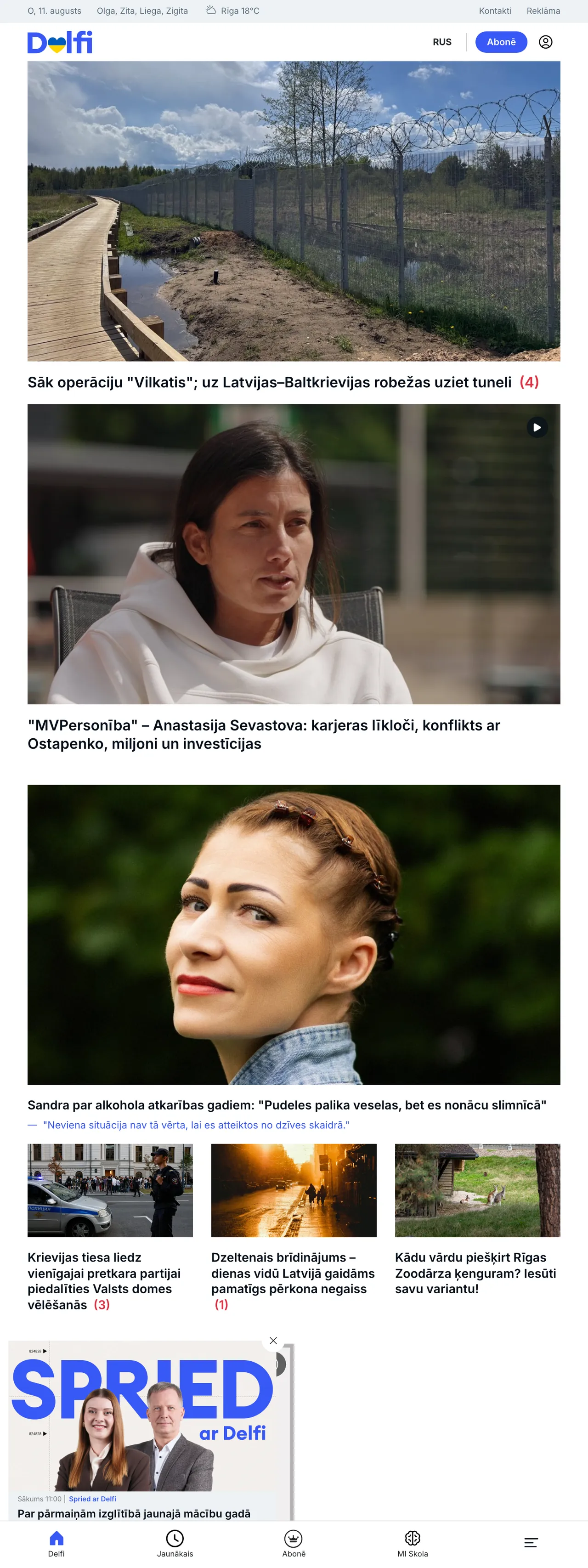 Screenshot of the Delfi front page