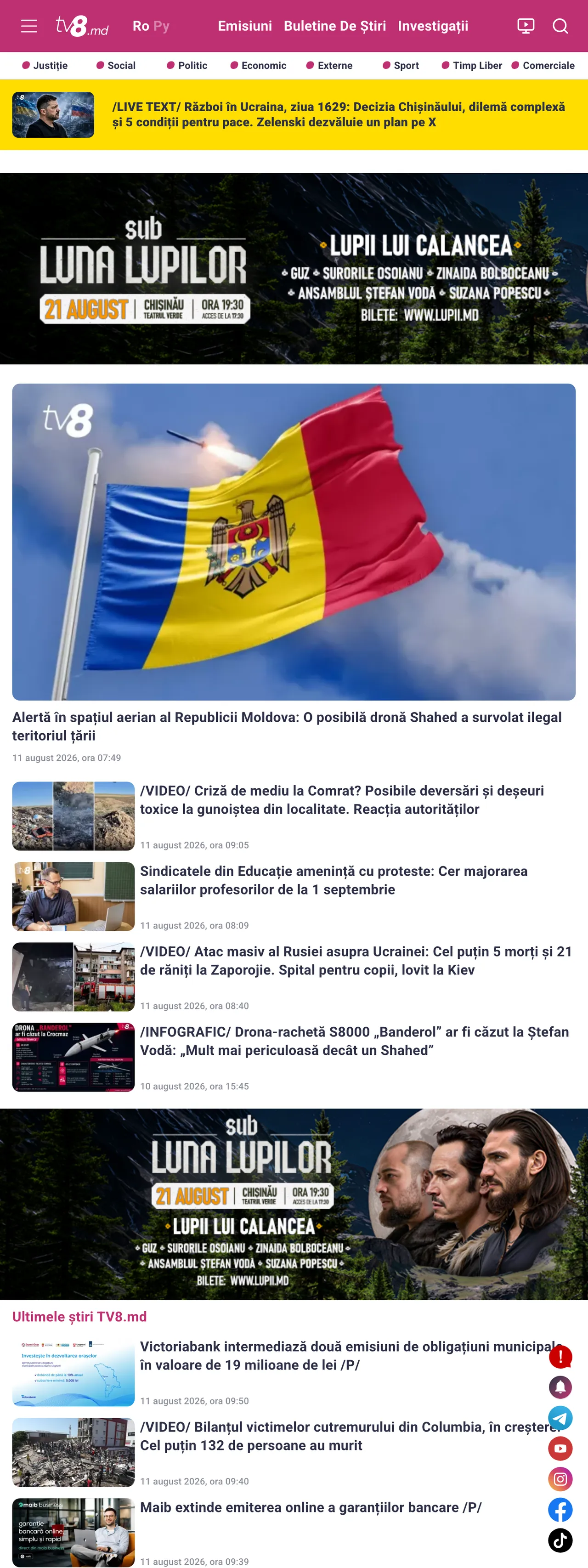 Screenshot of the TV8 front page