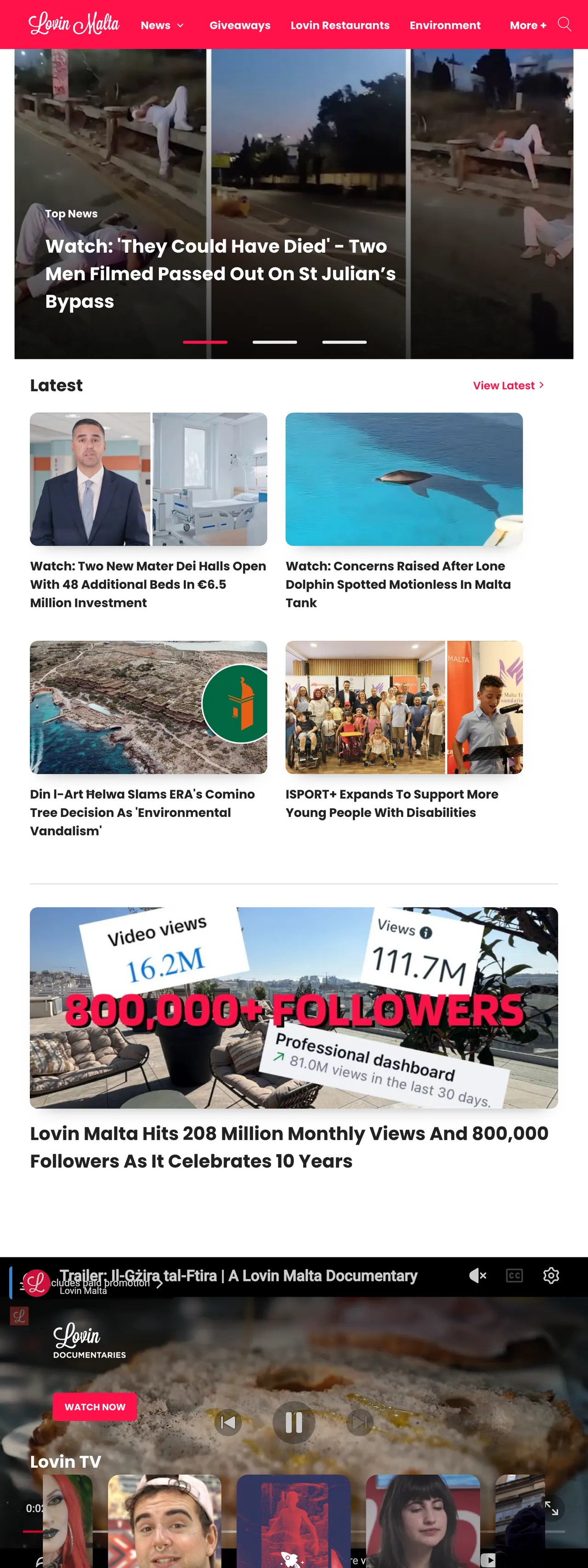 Screenshot of the Lovin Malta front page