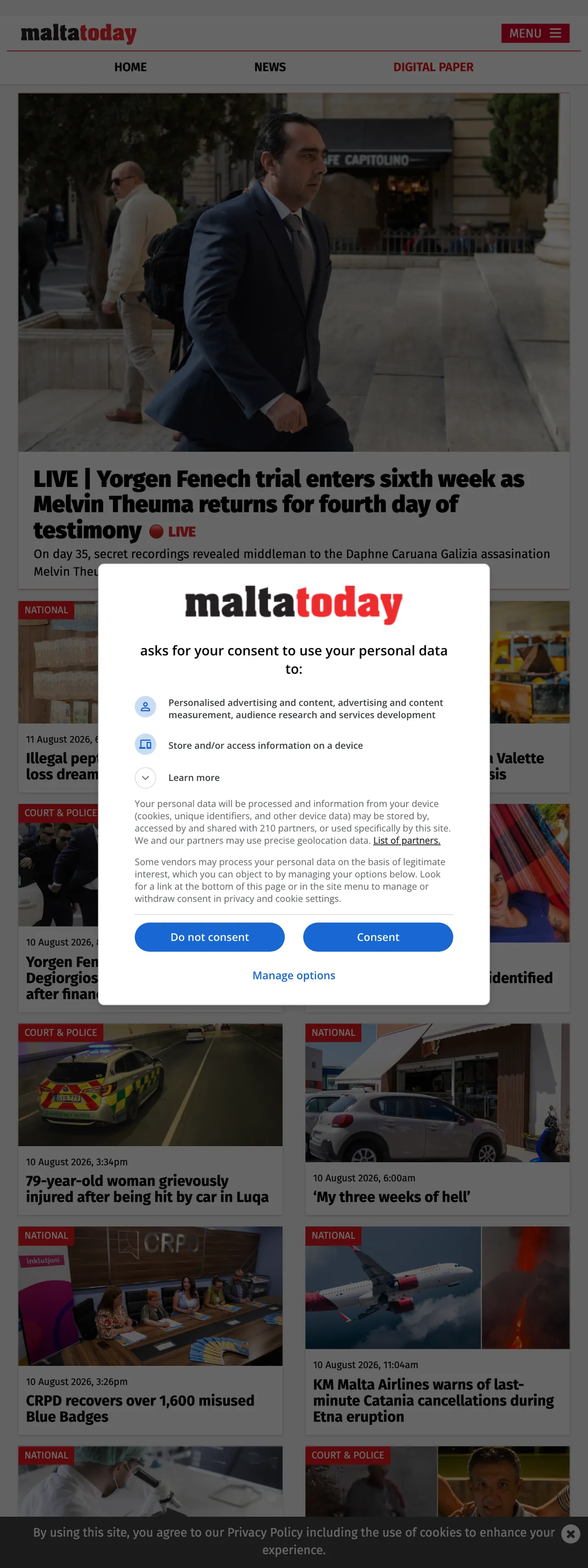 Screenshot of the Malta Today front page