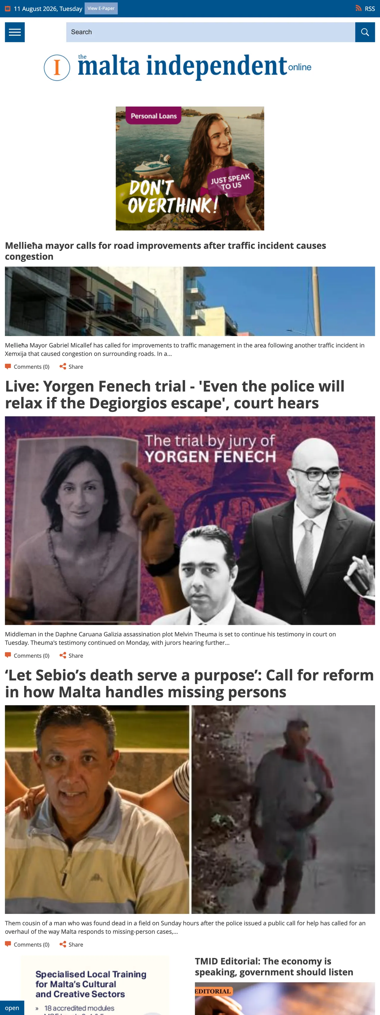 Screenshot of the The Malta Independent front page