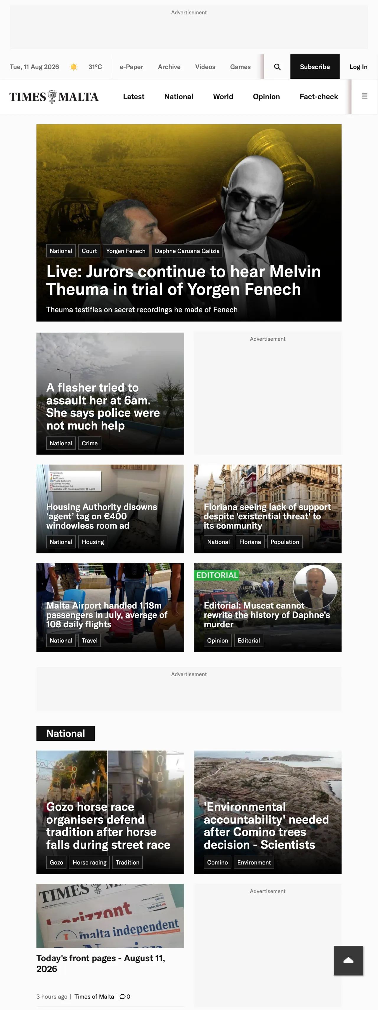 Screenshot of the Times of Malta front page