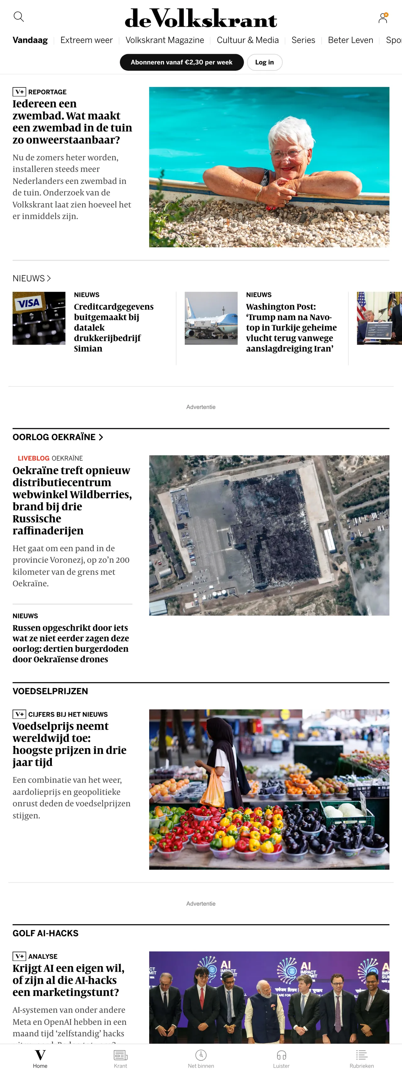 Screenshot of the de Volkskrant front page