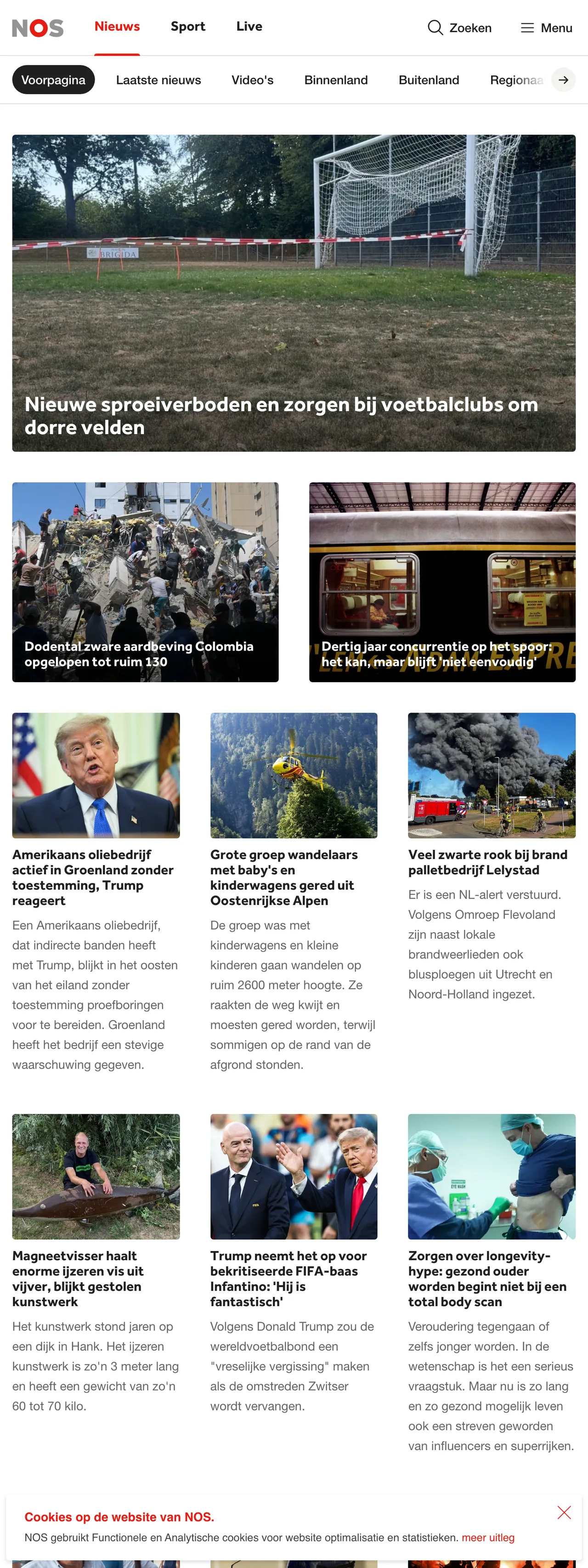 Screenshot of the NOS front page