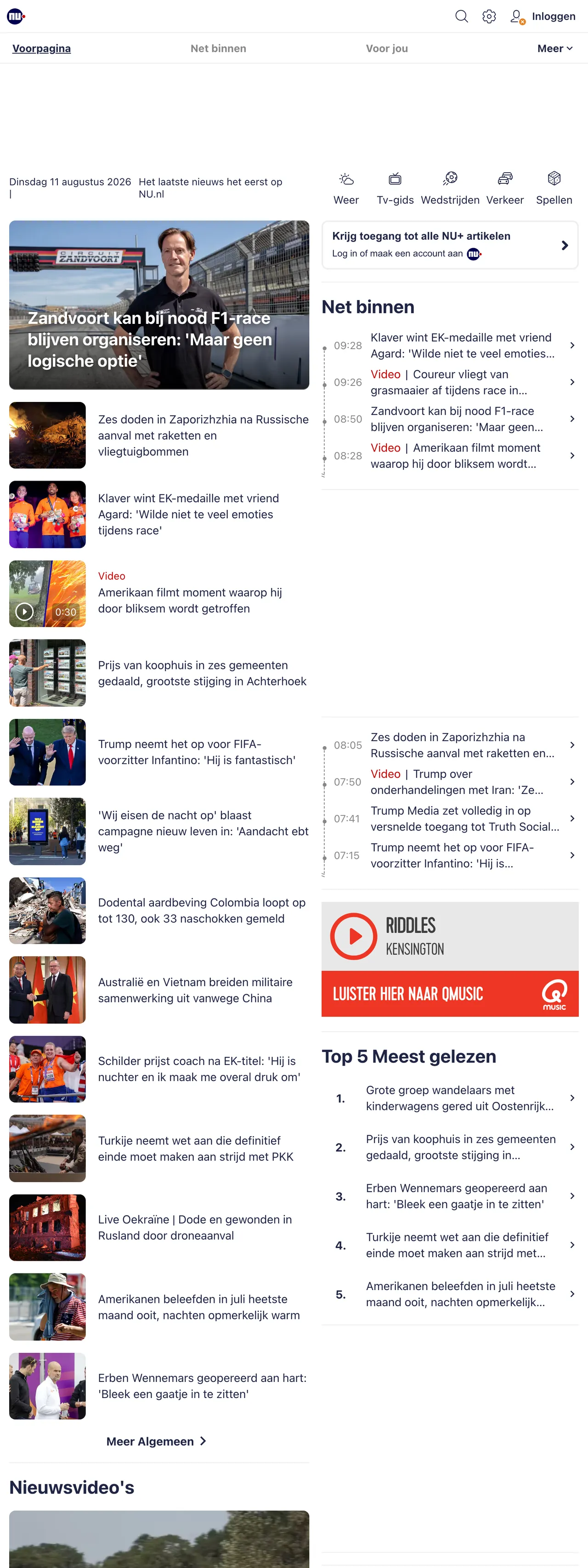 Screenshot of the NU.nl front page
