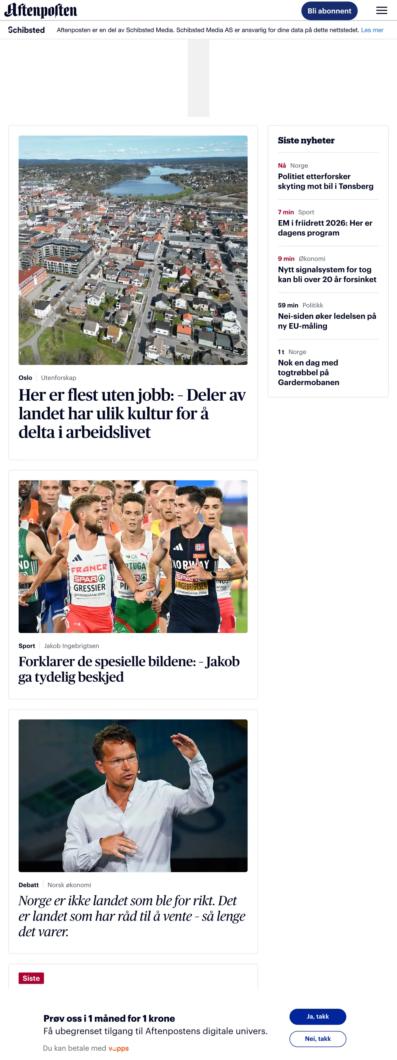 Screenshot of the Aftenposten front page