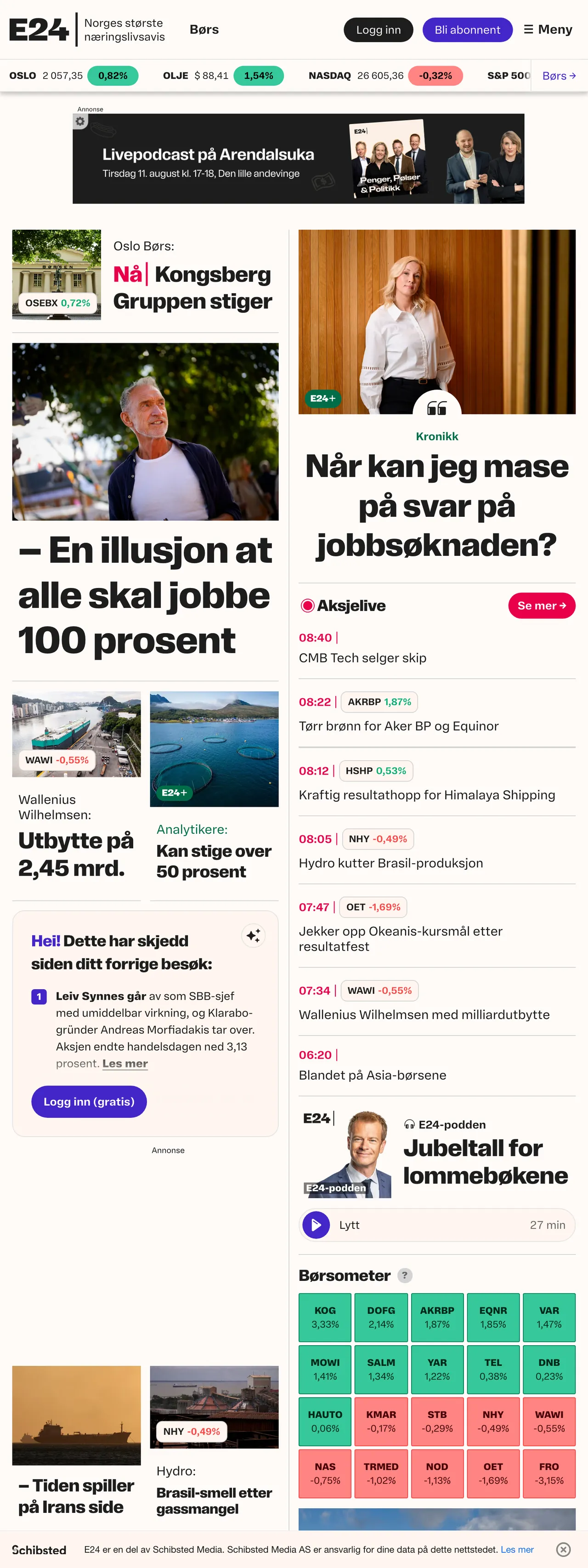 Screenshot of the E24 front page