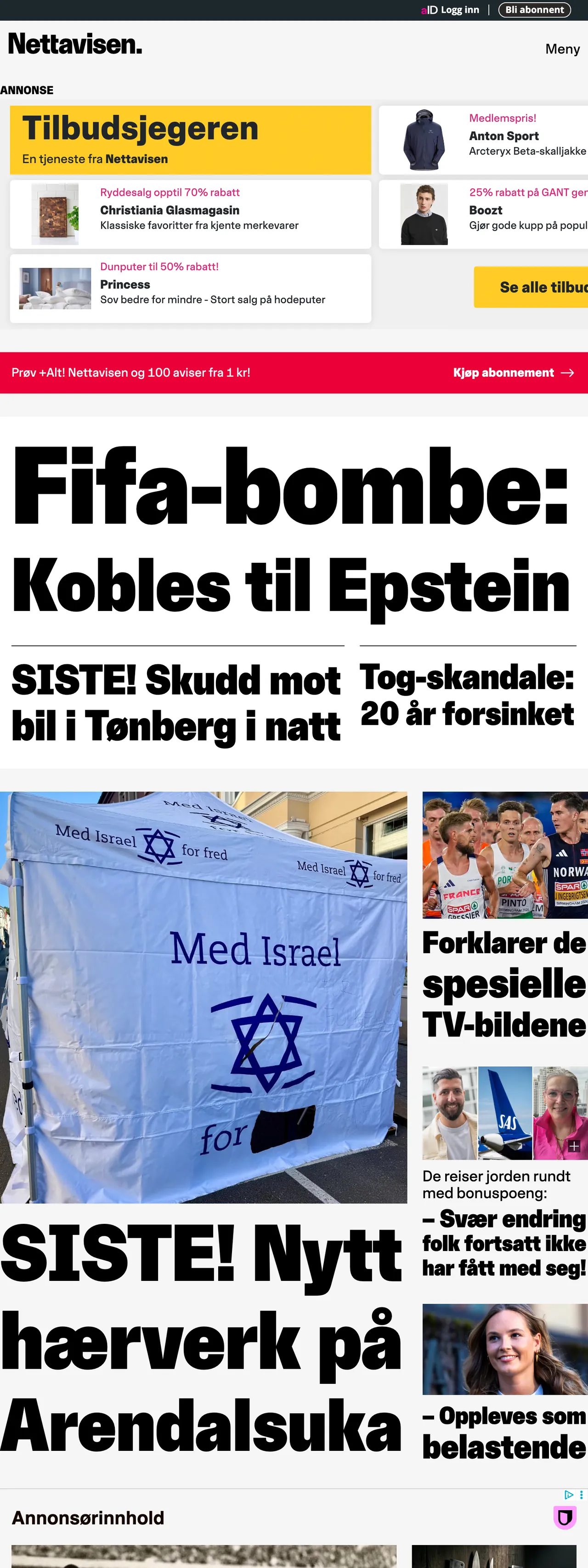 Screenshot of the Nettavisen front page