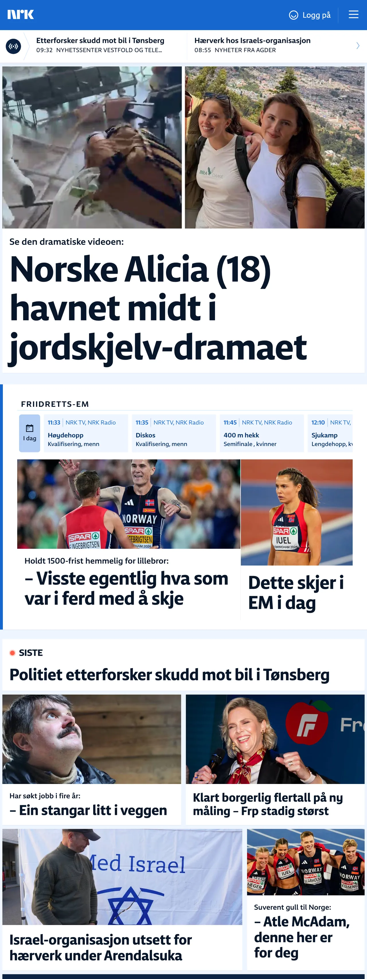 Screenshot of the NRK front page