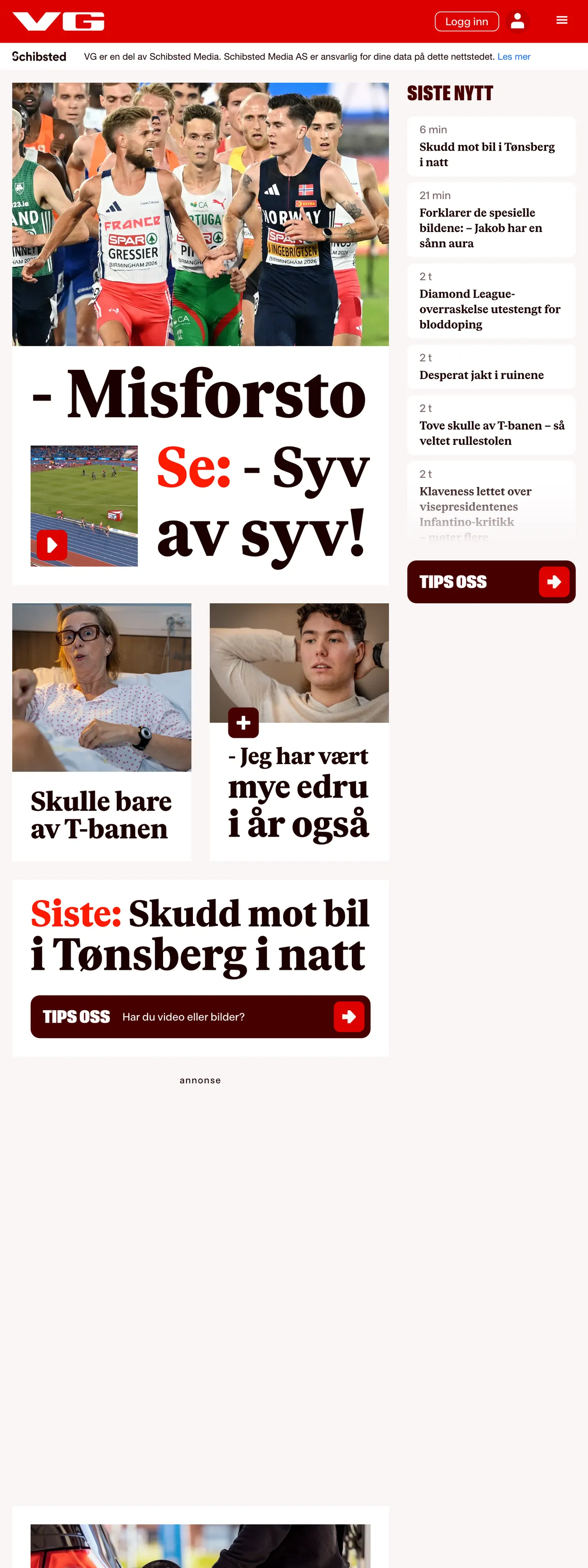 Screenshot of the VG front page