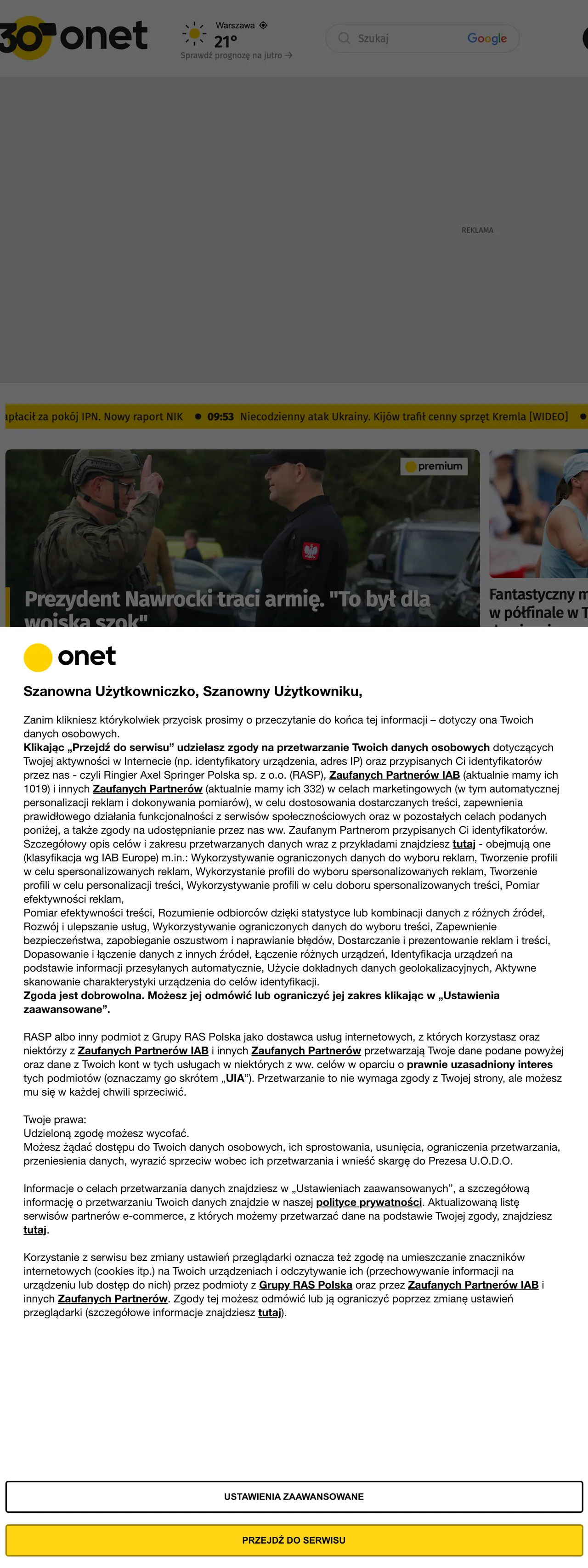 Screenshot of the Onet front page