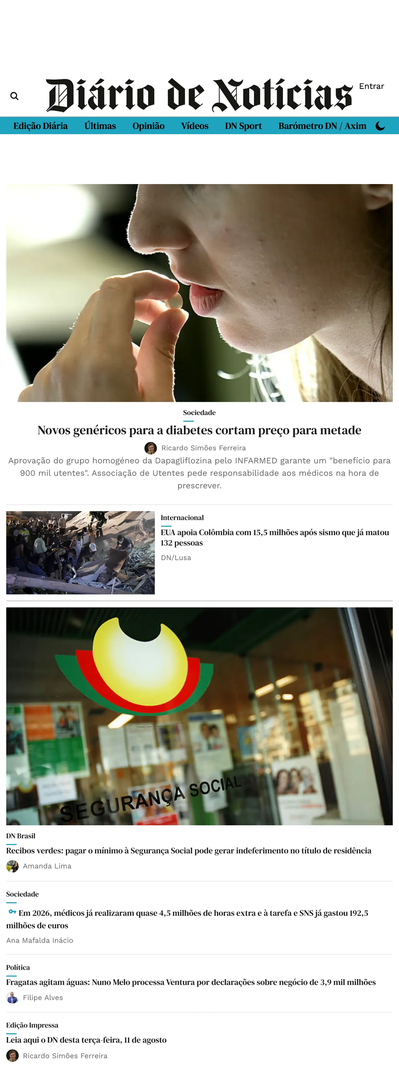 Screenshot of the Diário de Notícias front page