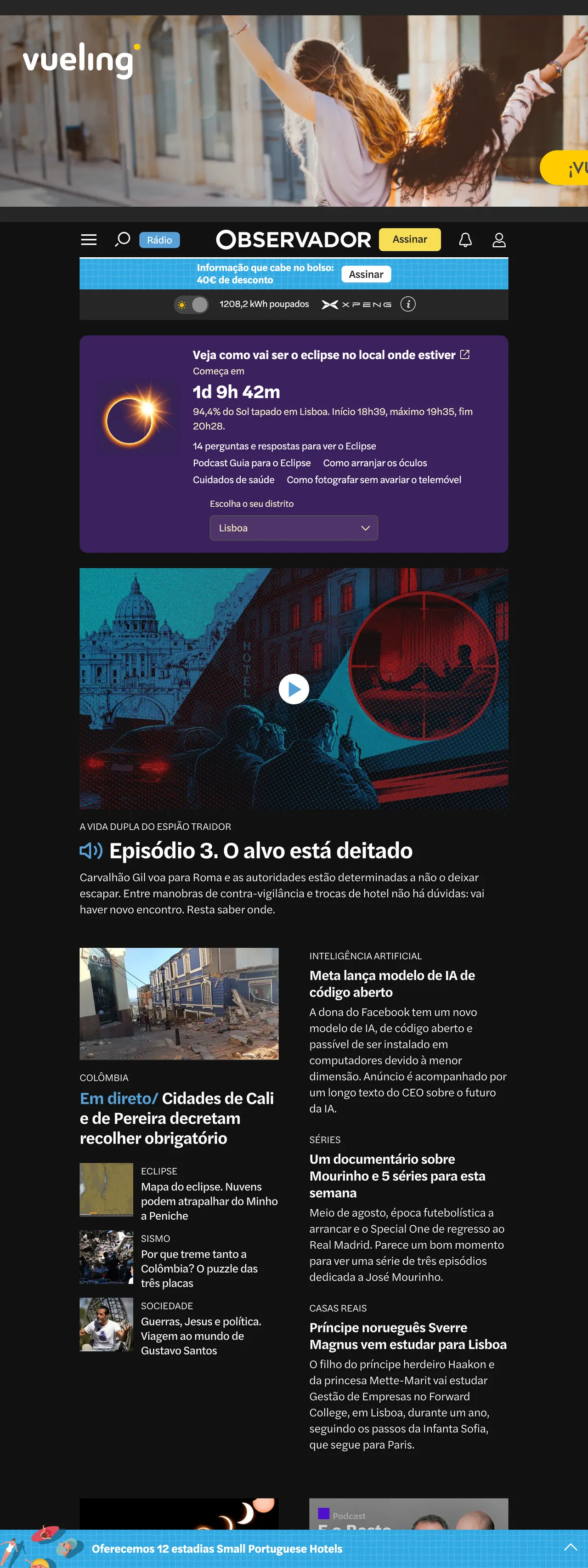 Screenshot of the Observador front page
