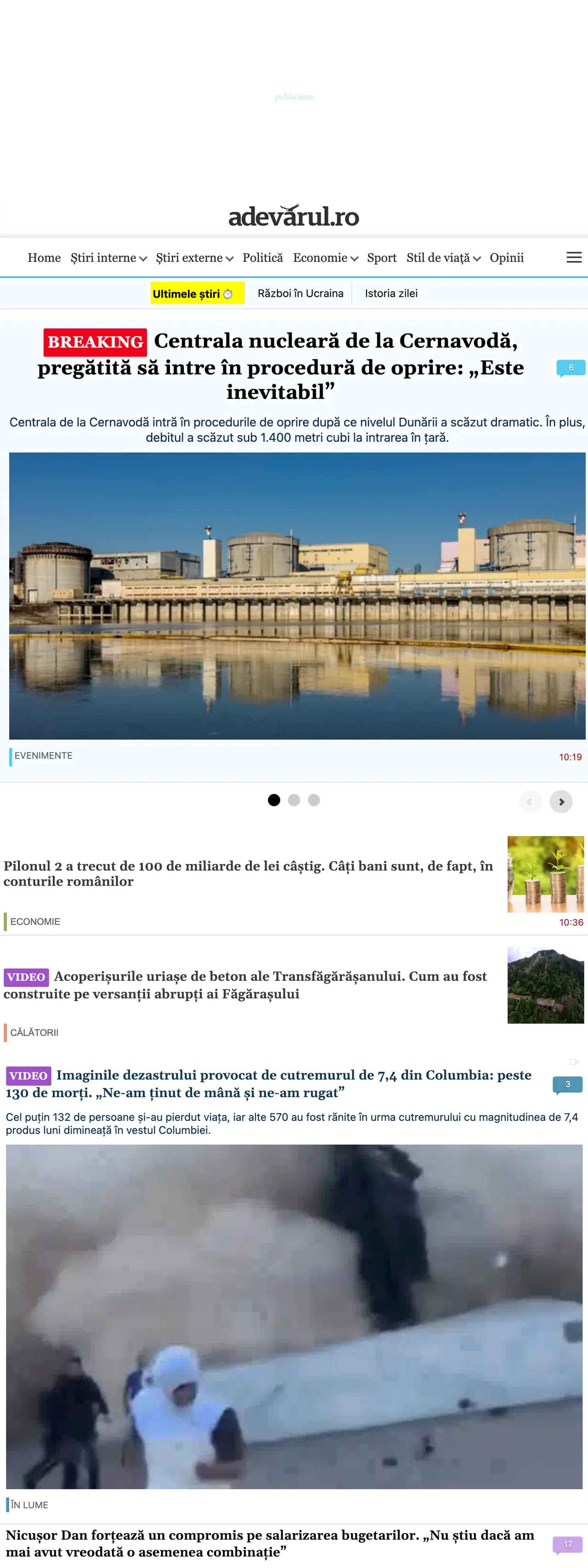 Screenshot of the Adevărul front page