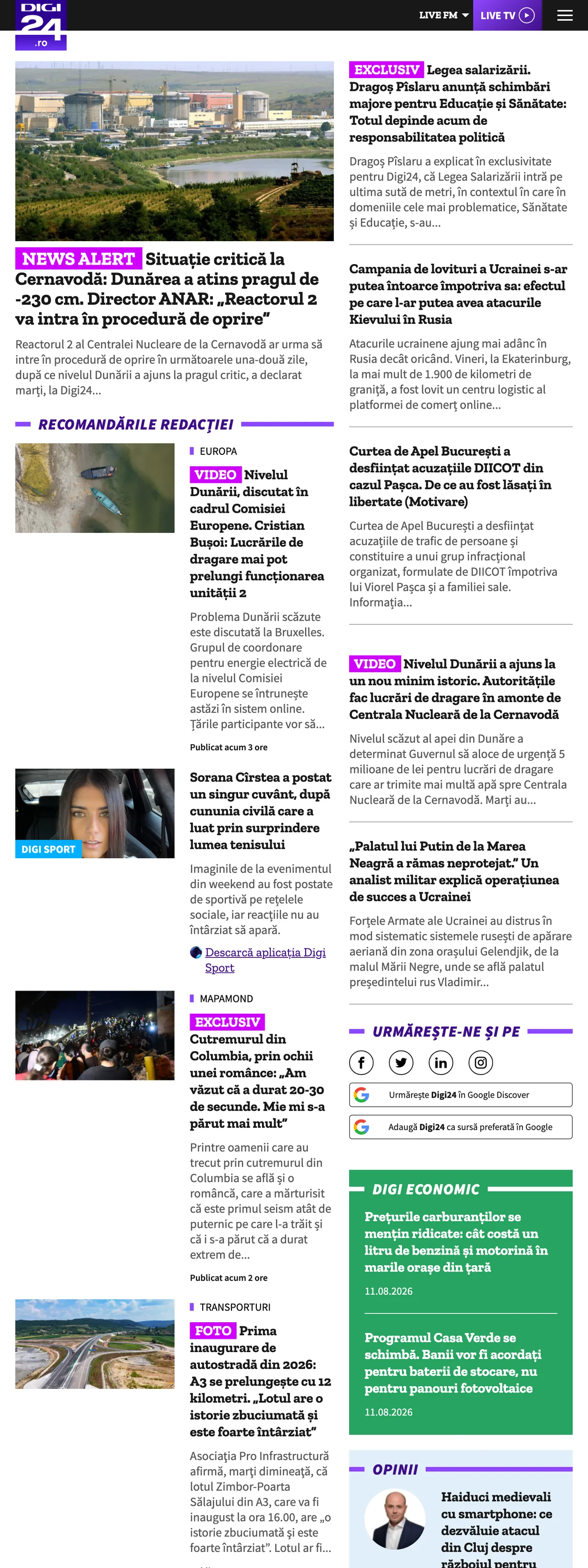 Screenshot of the Digi24 front page