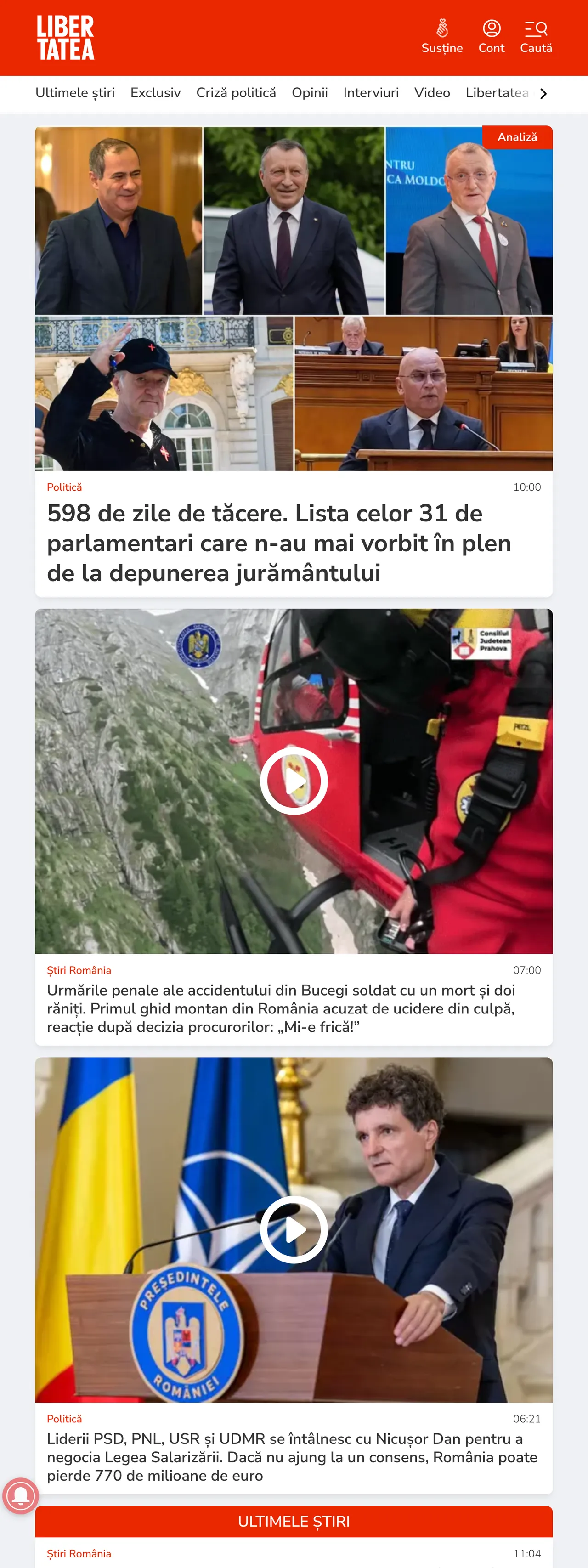 Screenshot of the Libertatea front page