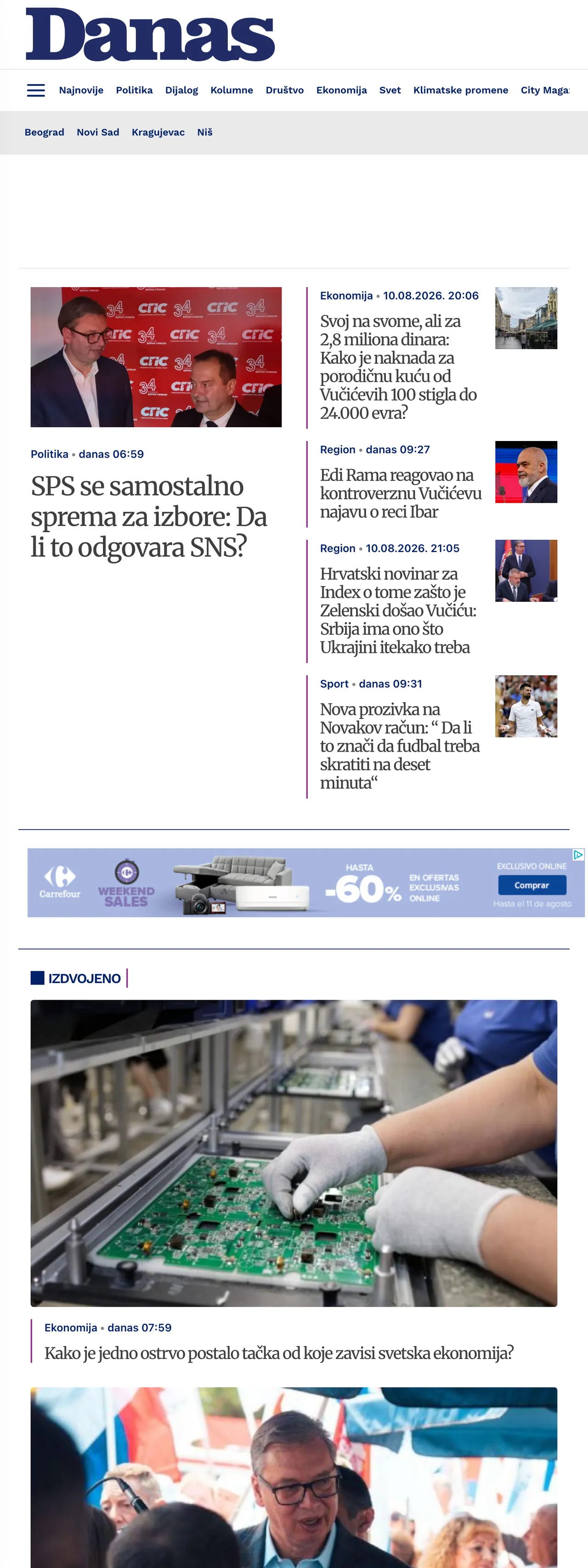 Screenshot of the Danas front page