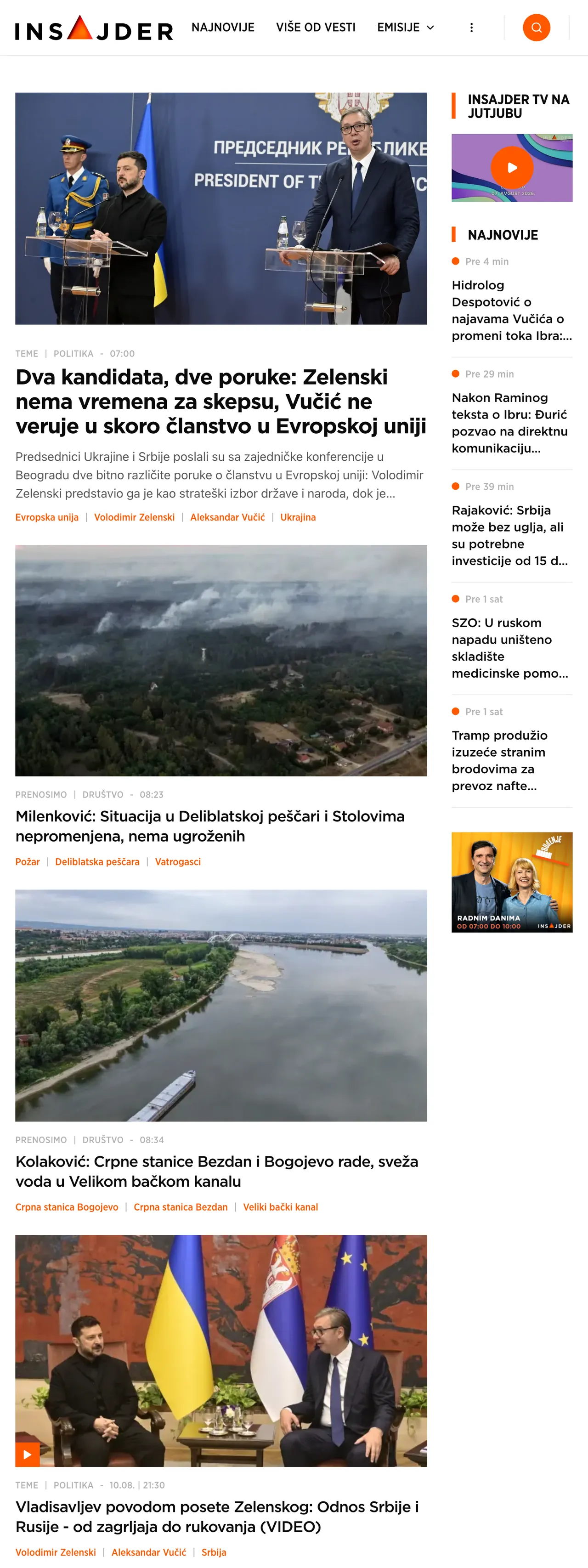 Screenshot of the Insajder front page