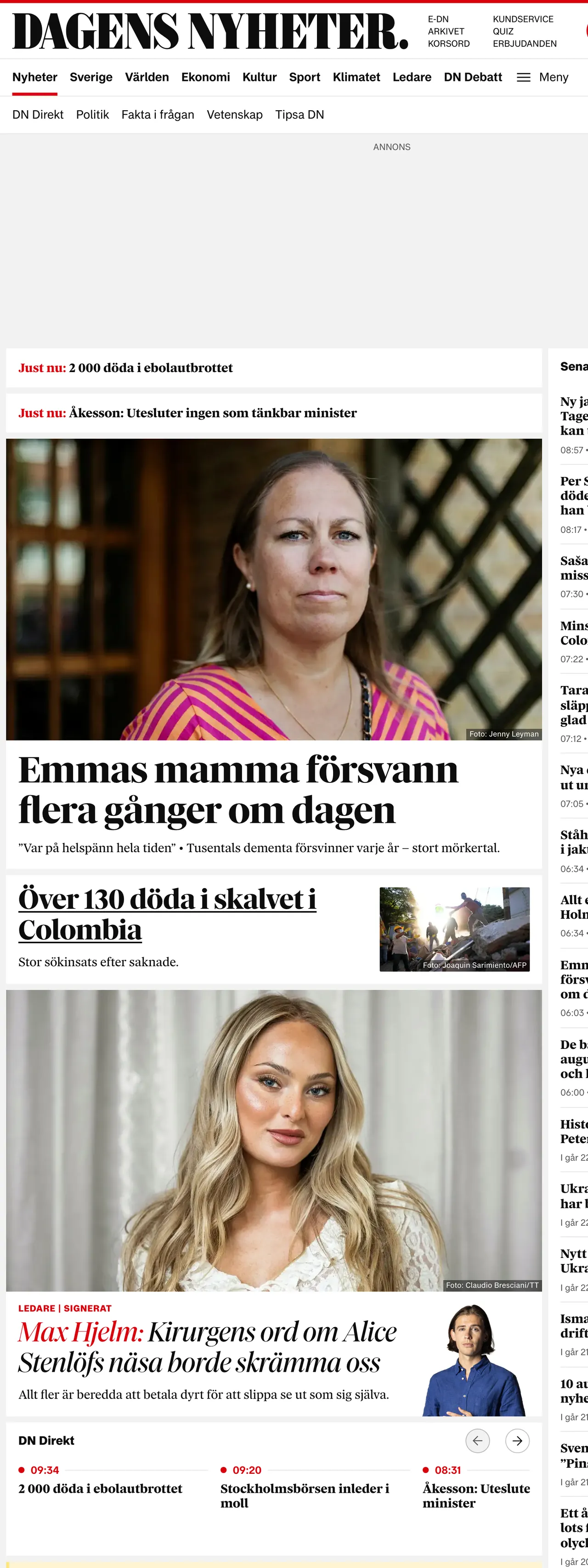 Screenshot of the Dagens Nyheter front page