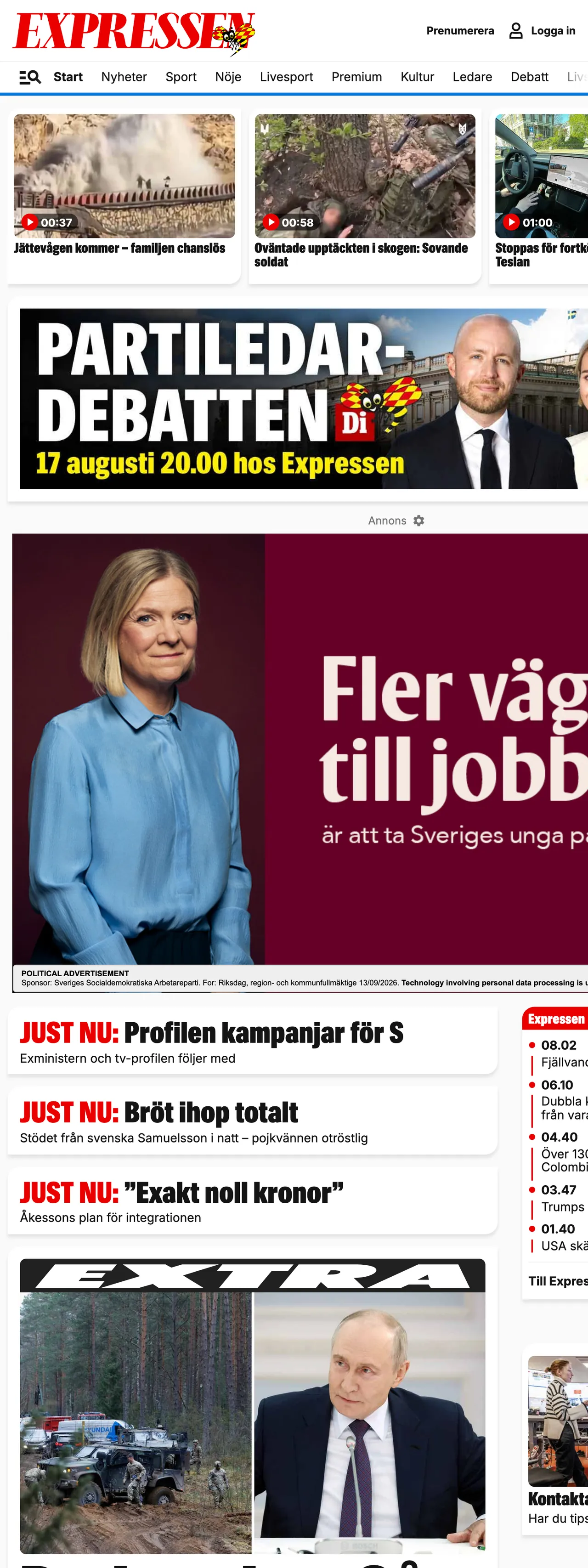 Screenshot of the Expressen front page