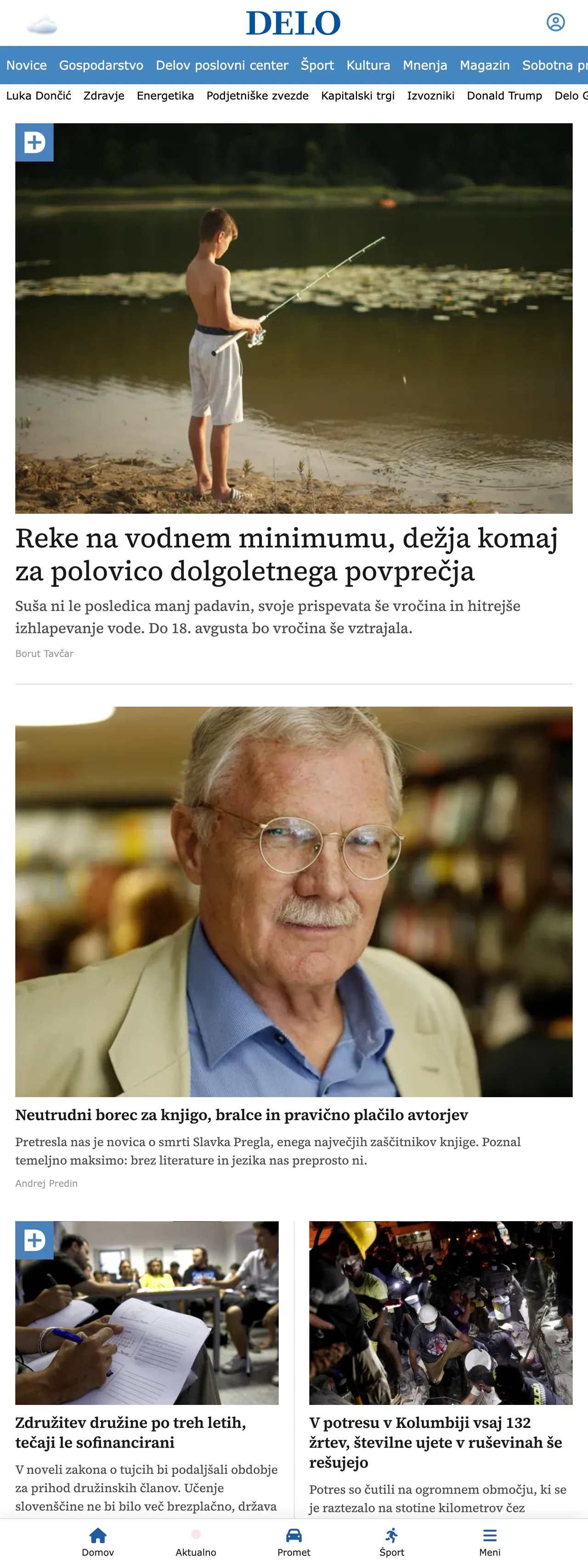 Screenshot of the Delo front page
