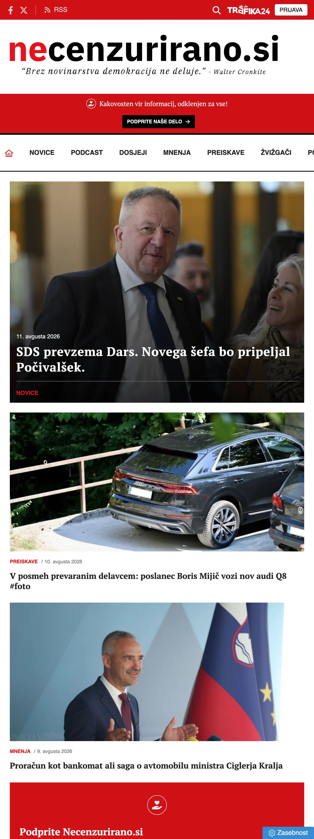 Screenshot of the Necenzurirano front page