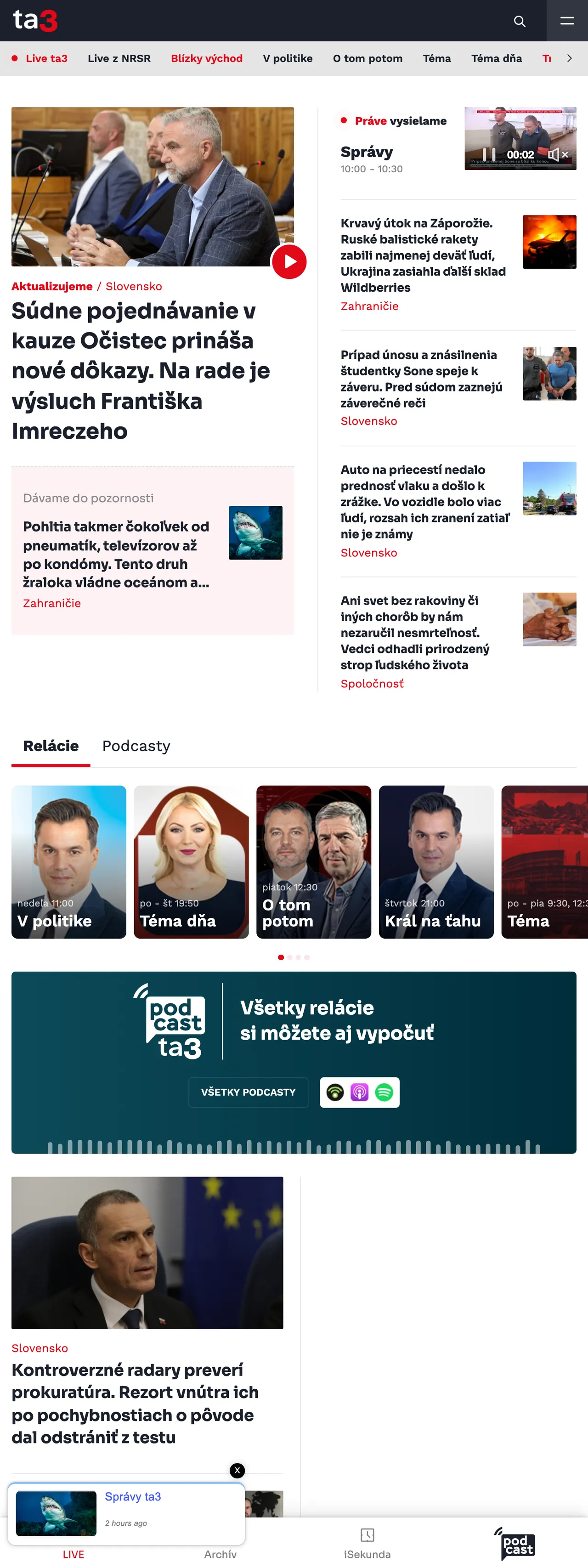 Screenshot of the TA3 front page