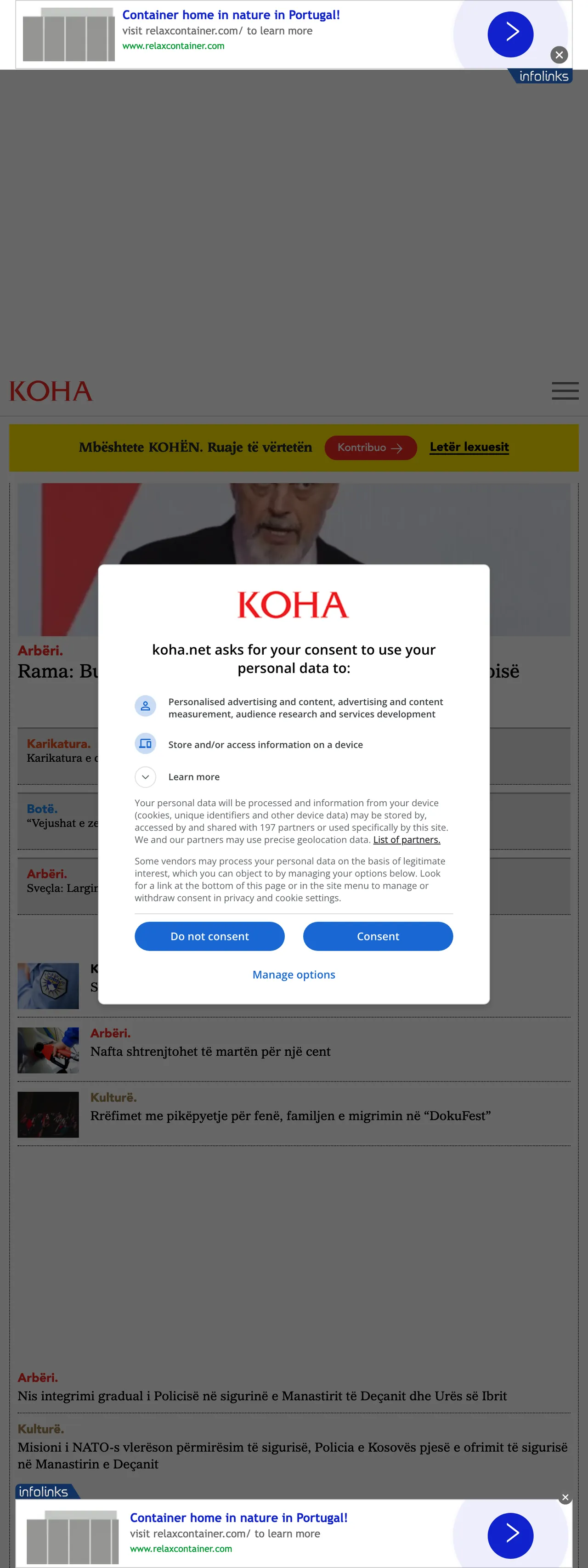 Screenshot of the Koha Ditore front page