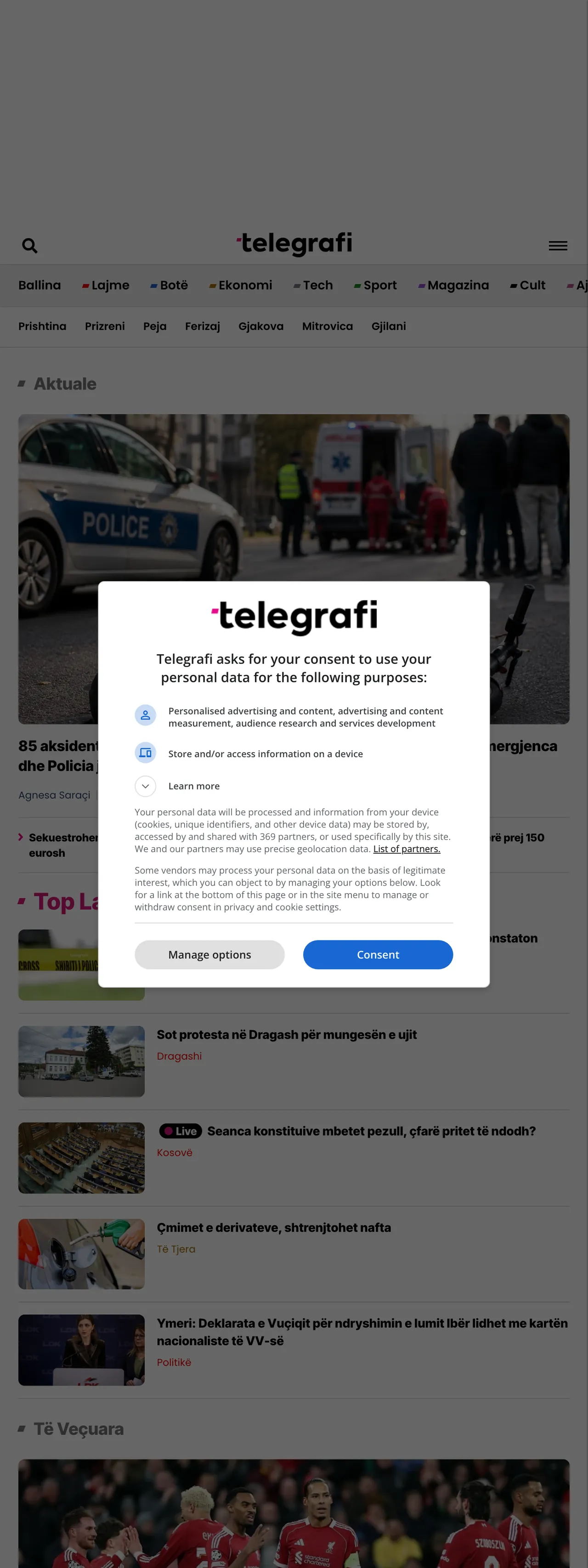 Screenshot of the Telegrafi front page