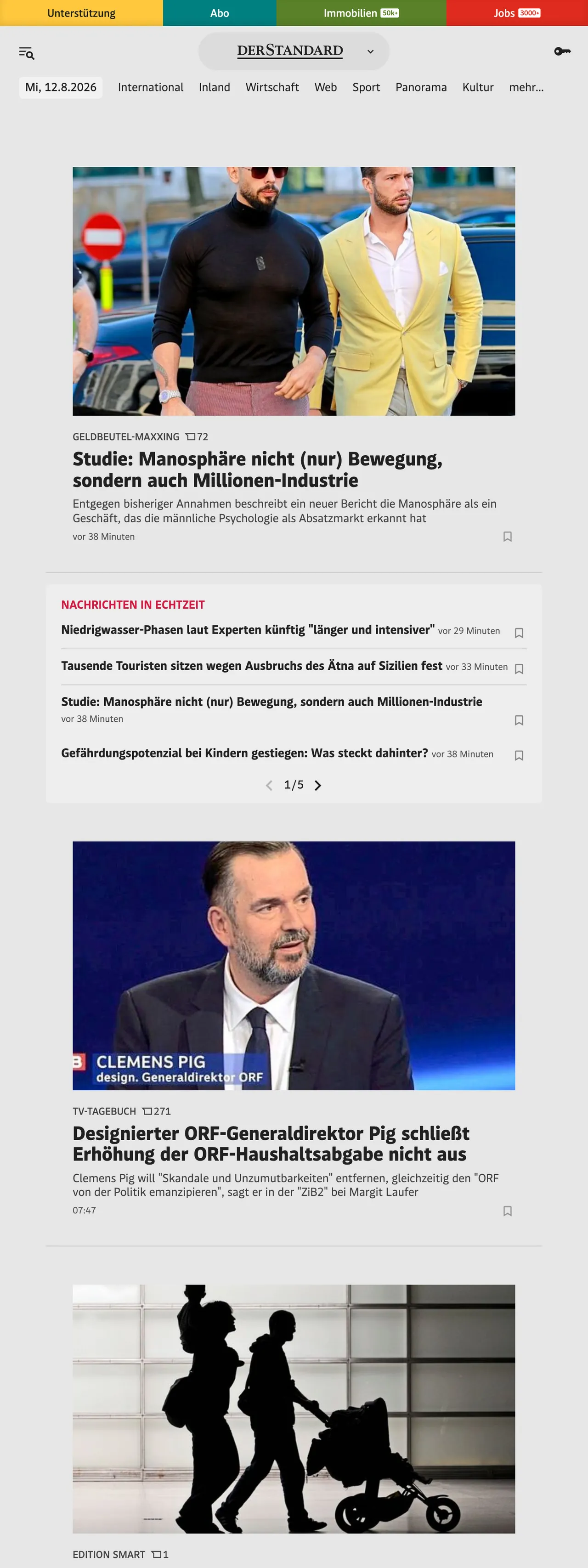 Screenshot of the DER STANDARD front page