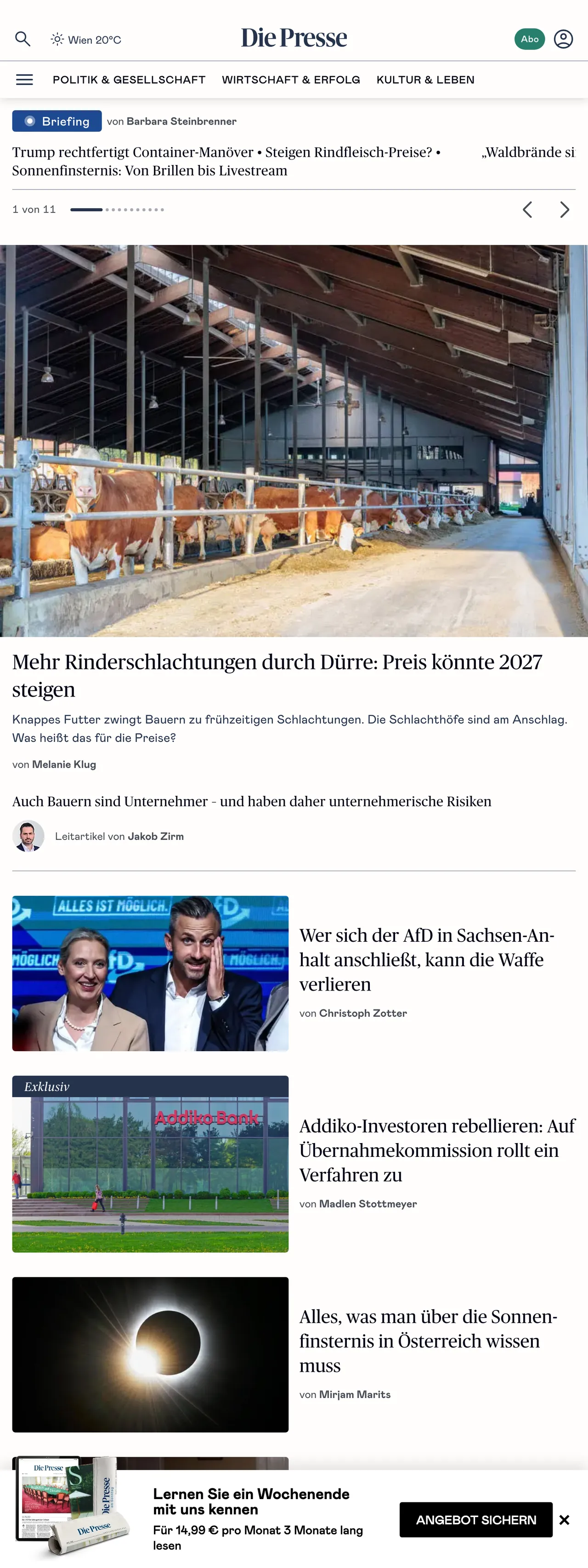 Screenshot of the Die Presse front page