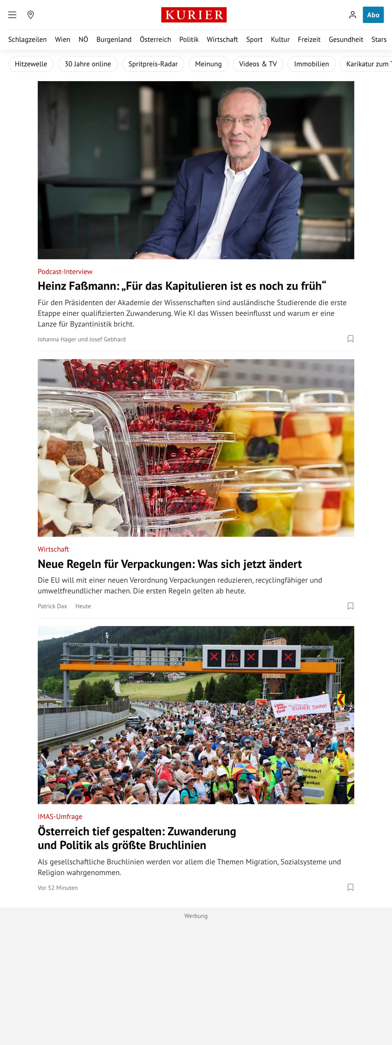 Screenshot of the Kurier front page