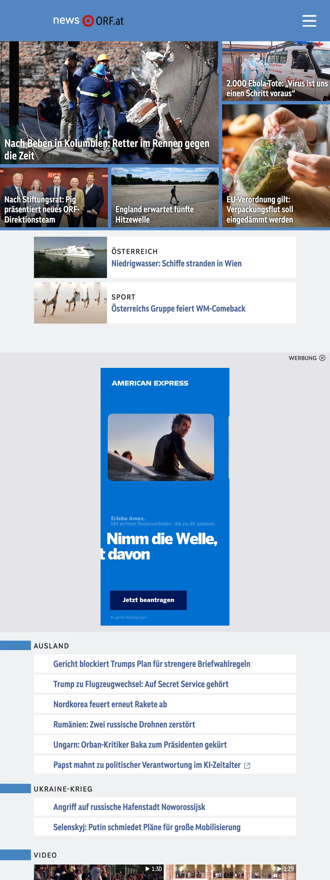 Screenshot of the ORF front page