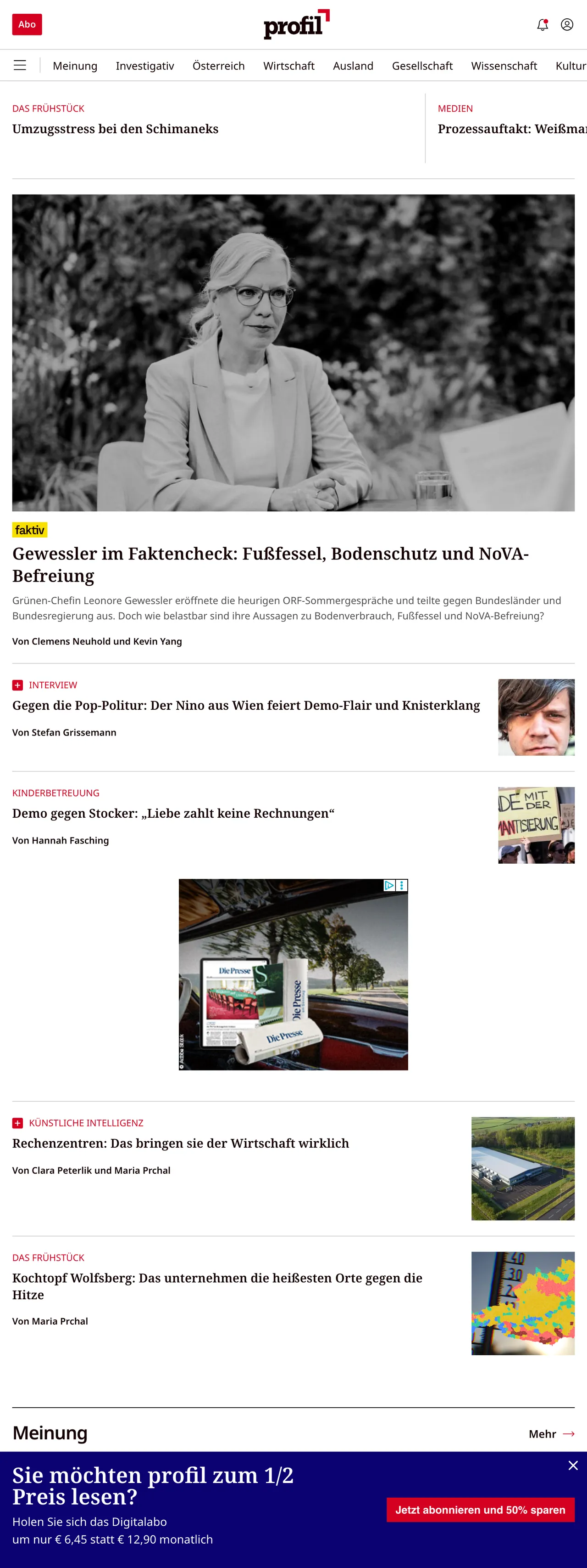 Screenshot of the profil front page