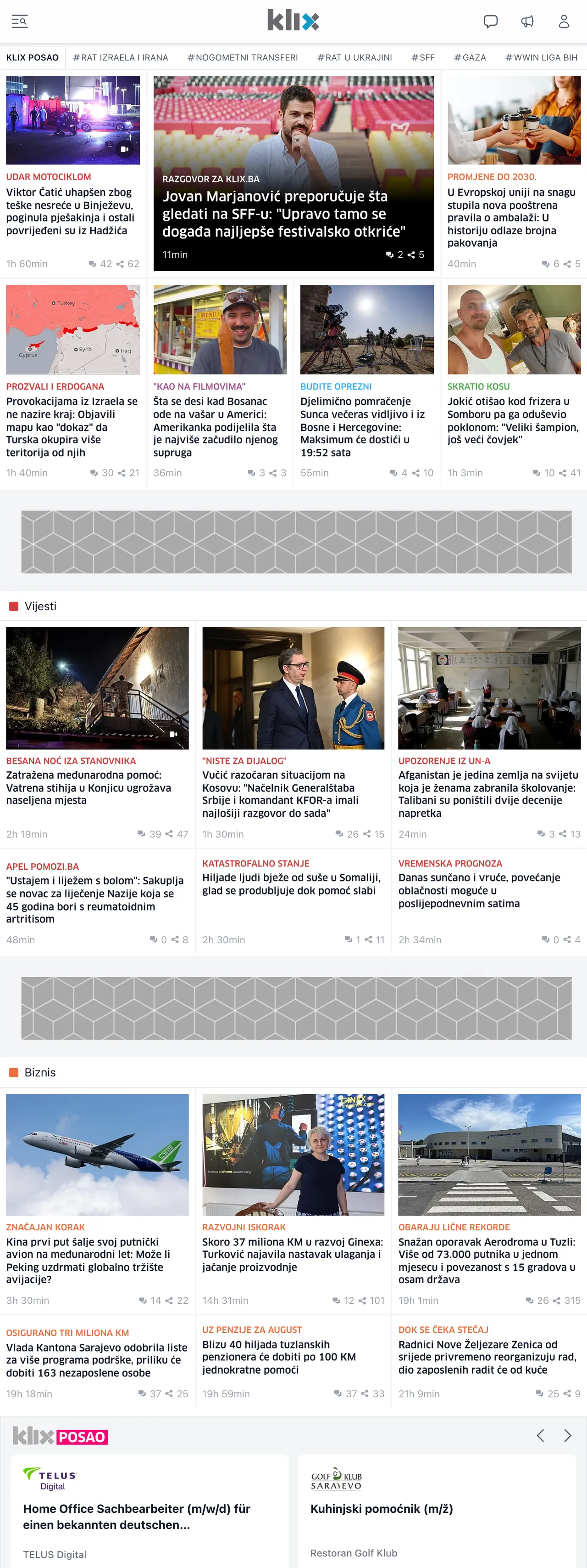 Screenshot of the Klix.ba front page