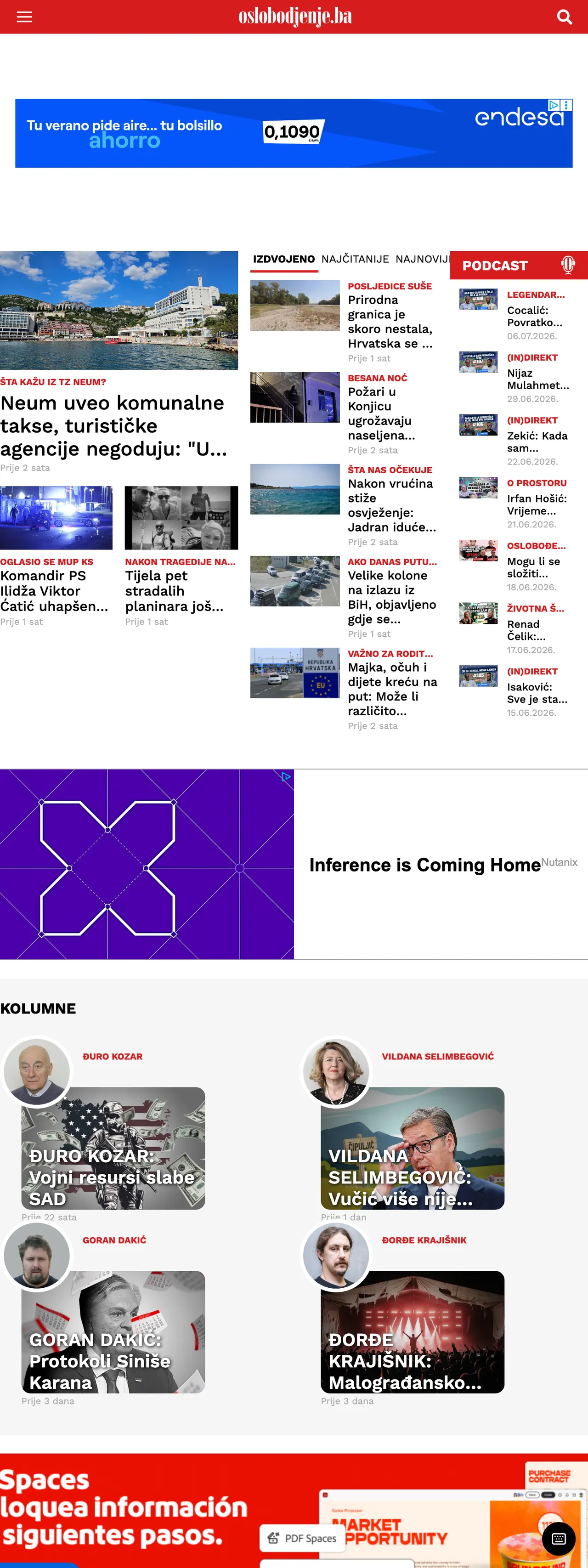 Screenshot of the Oslobođenje front page