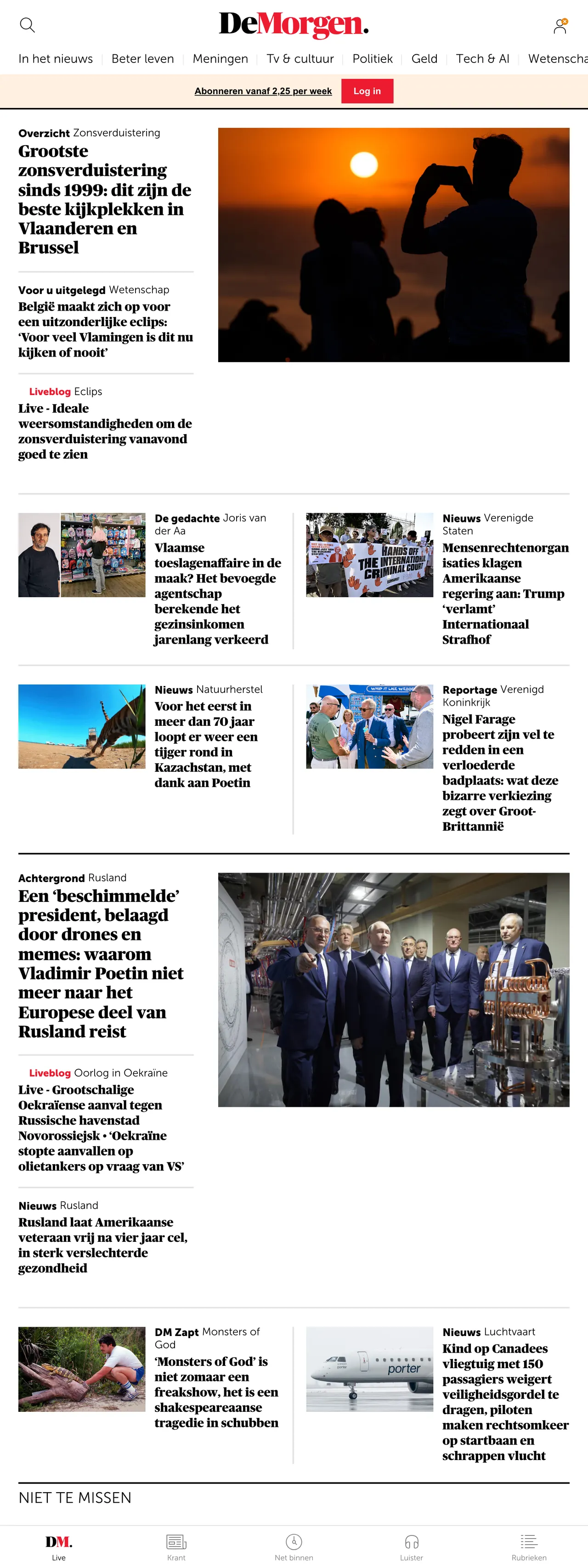 Screenshot of the De Morgen front page