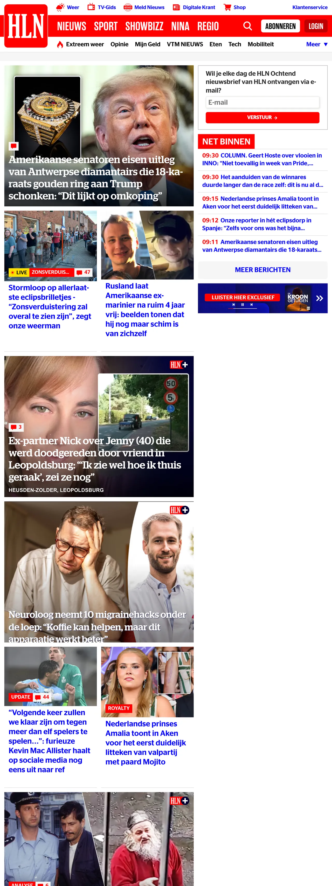 Screenshot of the HLN front page