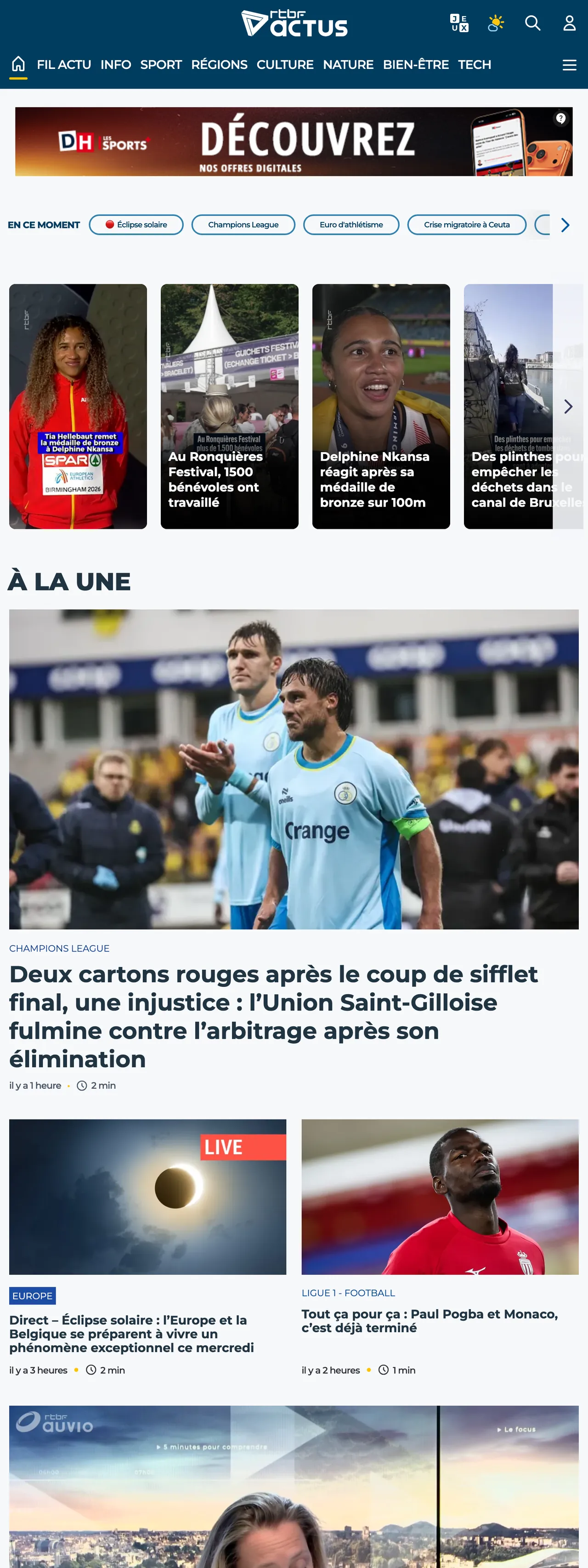 Screenshot of the RTBF front page