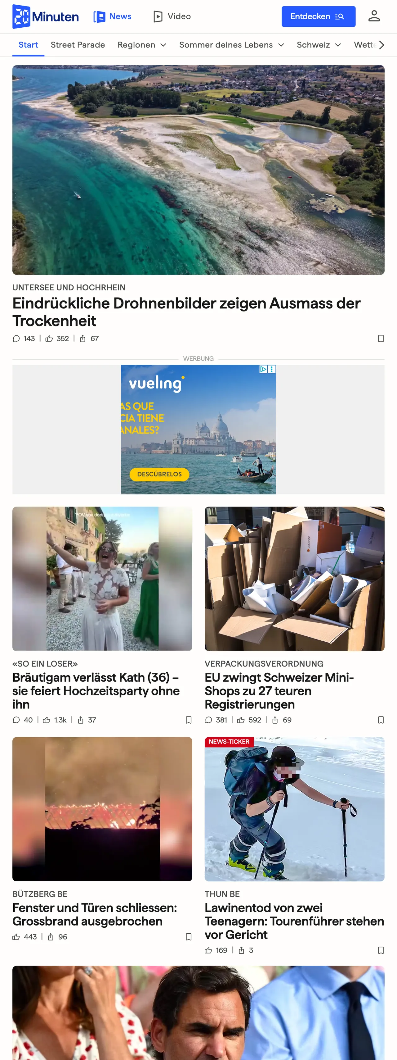 Screenshot of the 20 Minuten front page