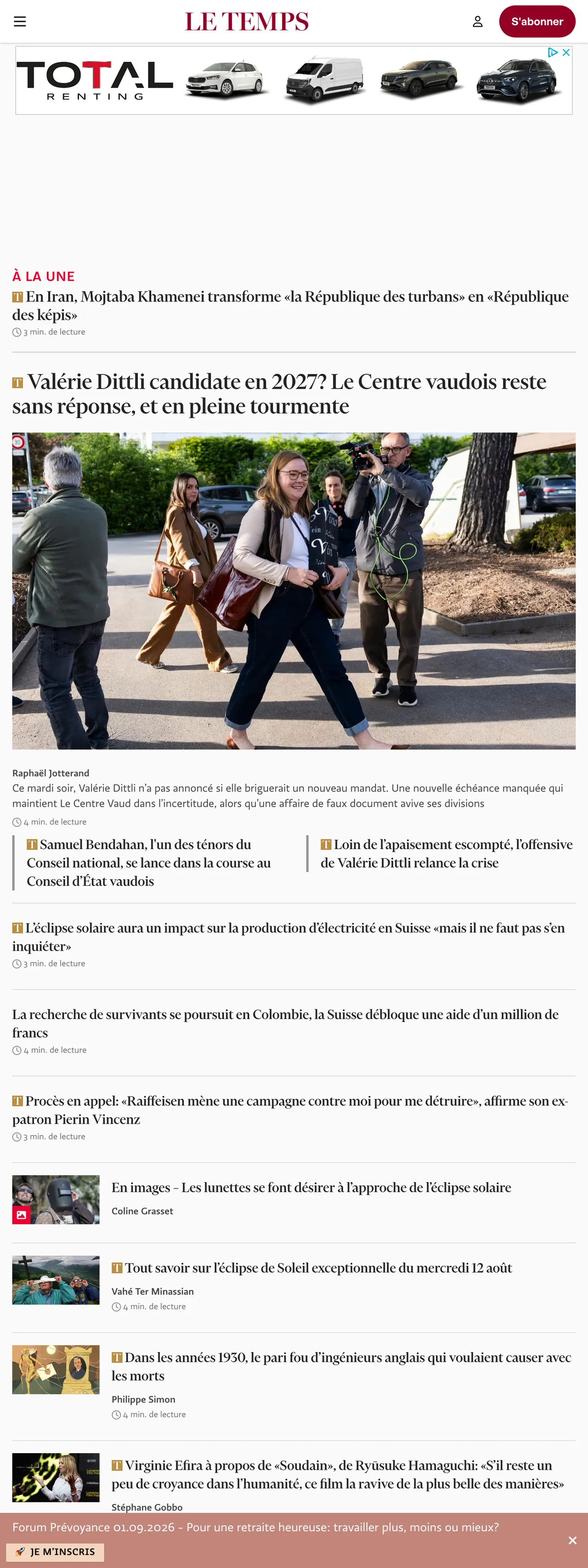 Screenshot of the Le Temps front page