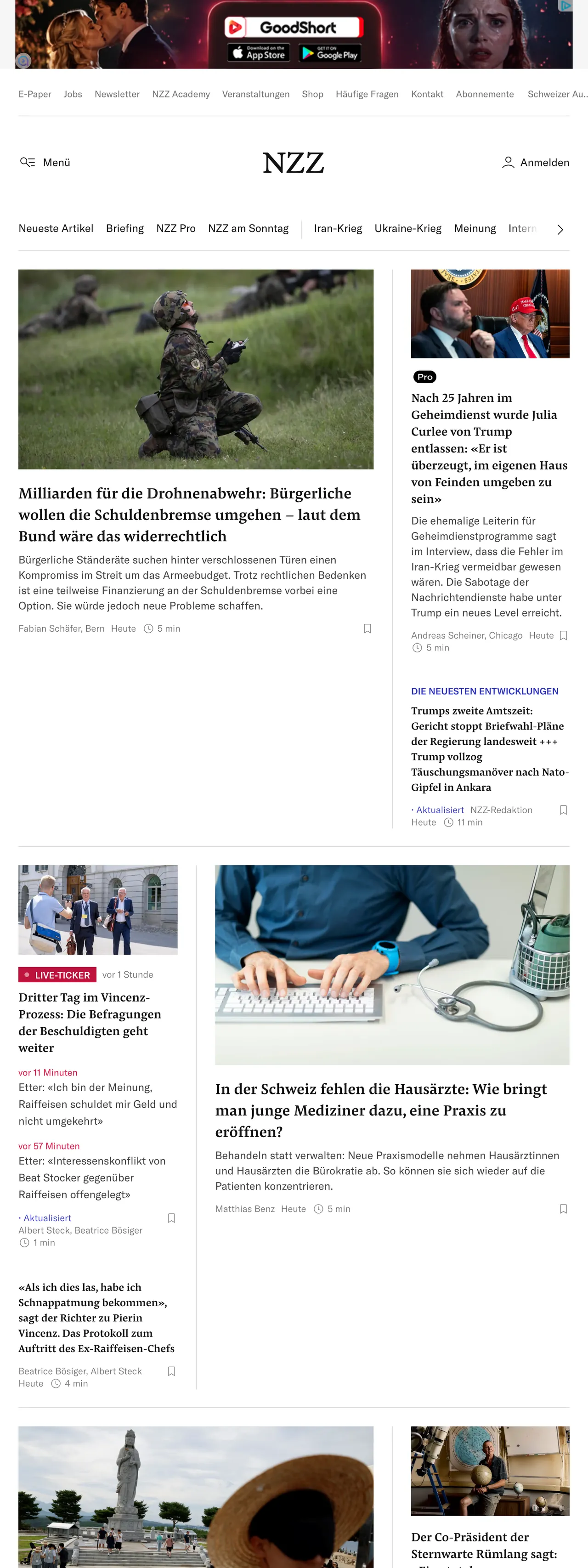 Screenshot of the Neue Zürcher Zeitung front page